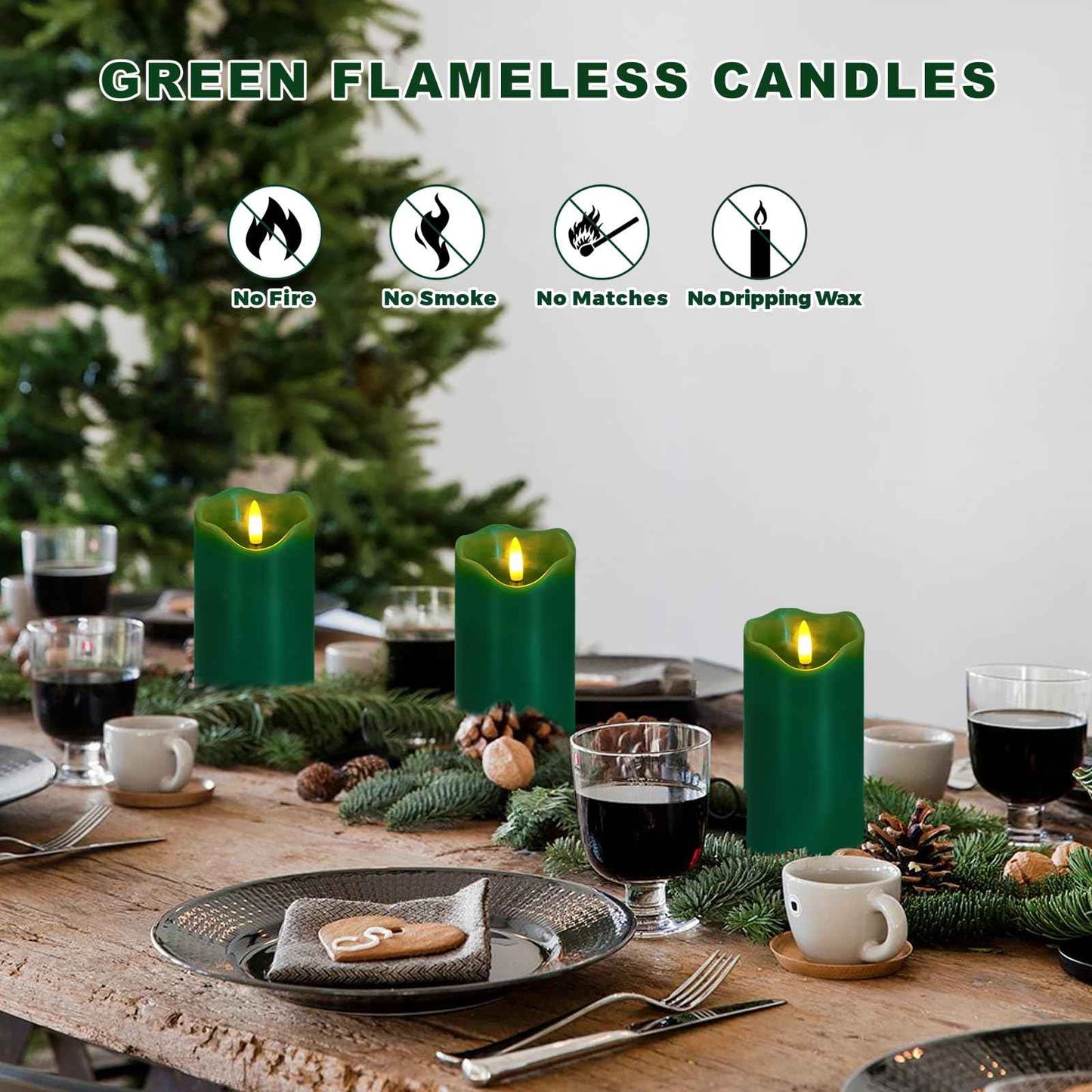 VEEKI Flameless Candles Light, Set of 2 6"x3" Flickering Christmas Flameless Candles with Remote & Timer, Dimmable Real Wax Pillar Candles Battery Operated, Green Candles for Home Xmas Decor (Green)