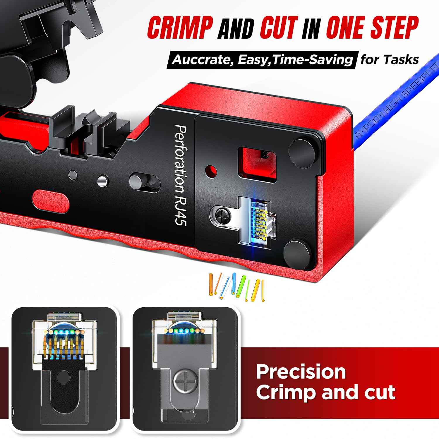 AMPCOM Pass Through RJ45 Crimp Tool, All-in-one Ethernet Crimper, Crimping for STP UTP RJ45/ RJ11 Cat8 Cat7 Cat6A Cat6 Cat5e Cat5 Connectors, AM-728RD