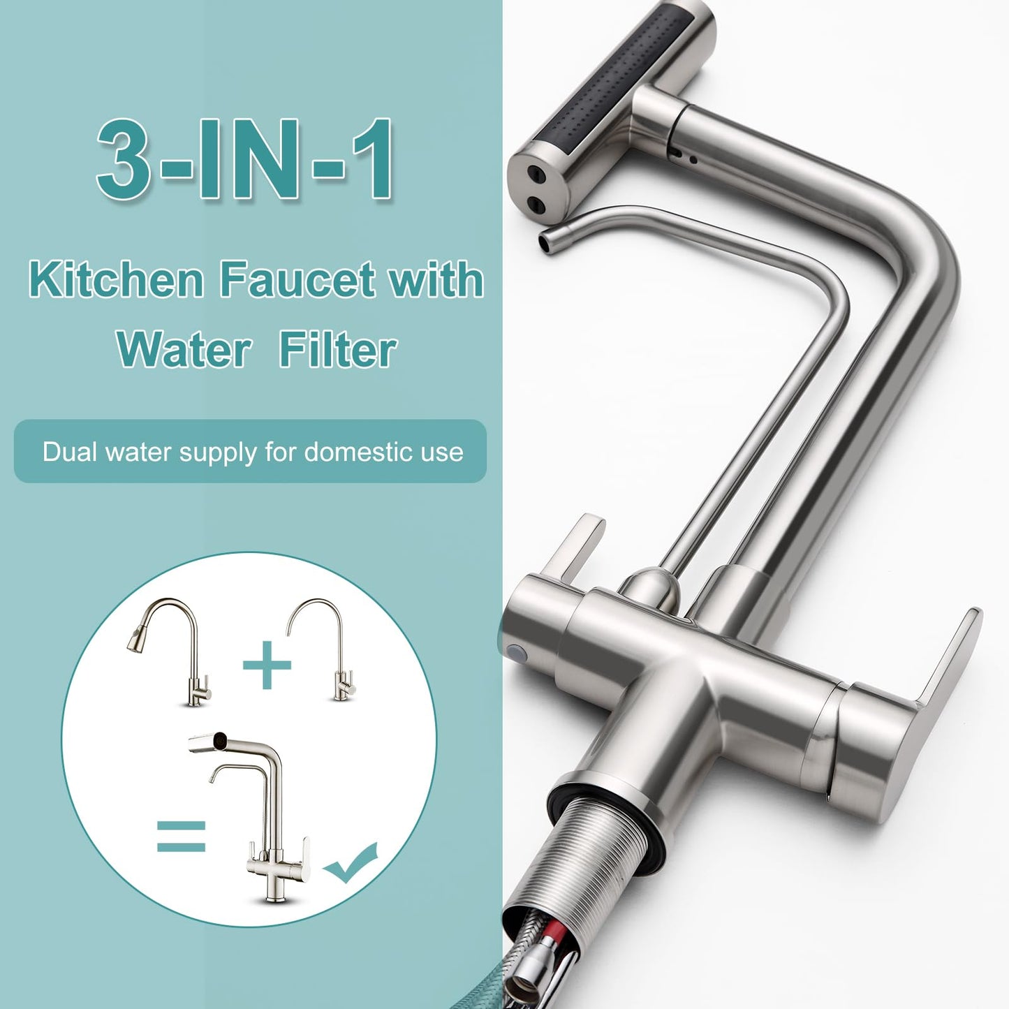 KINKIB Waterfall Kitchen Faucet with Filter - Pull Down Kitchen Faucet with 4 Spray Modes, RO System Compatible, Dual Handle Lead-Free Brass Design, Brushed Nickel