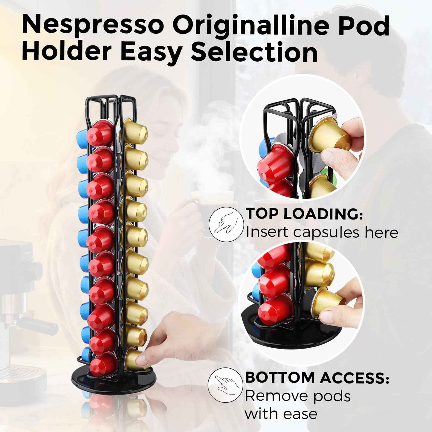 Coffee Pod Holder Compatible with Nespresso Original Capsule– Holds 40 Pods, 360° Rotating Coffee Carousel Storage, Space-Saving Countertop Organizer, Stylish Gift for Coffee Lovers (Black)