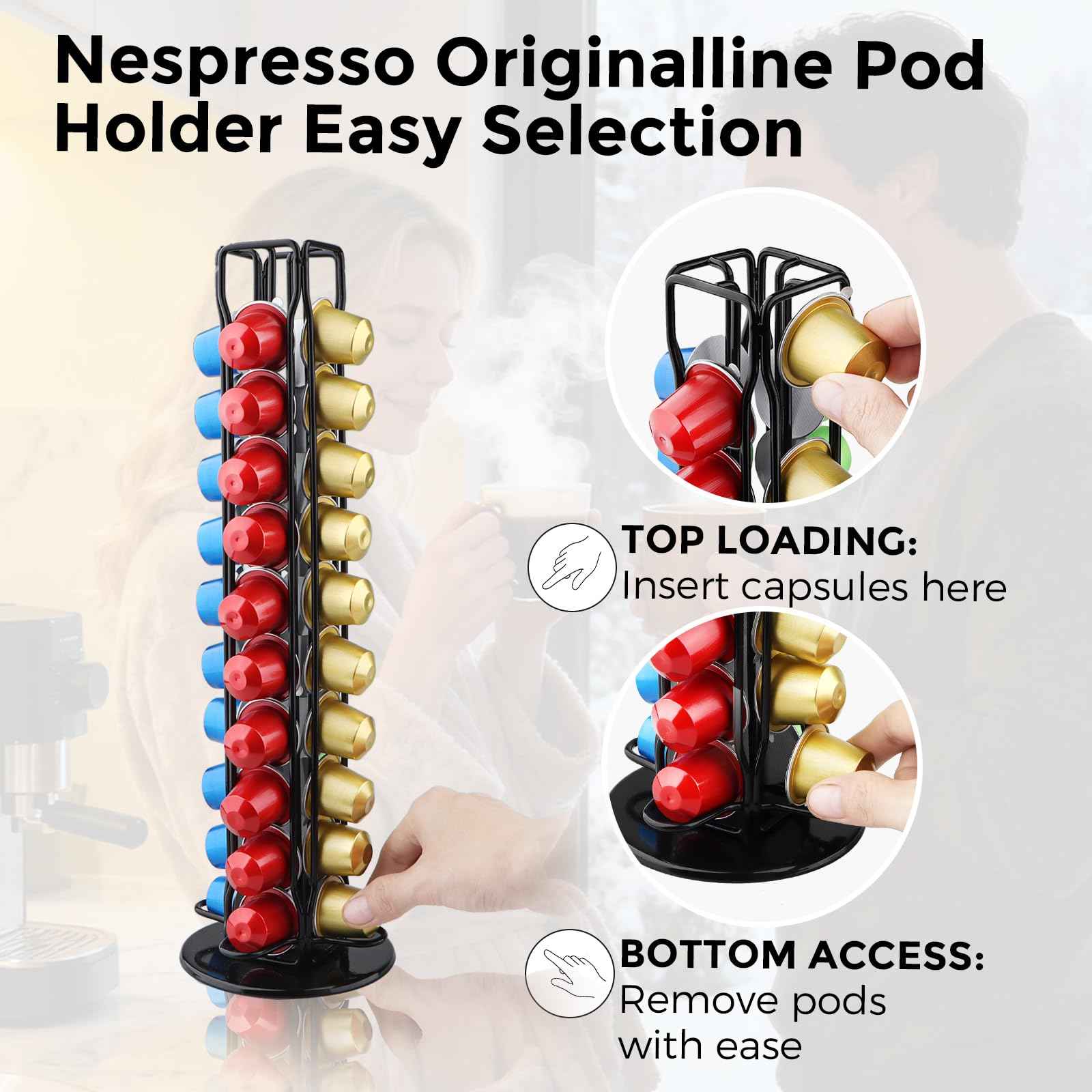 Coffee Pod Holder Compatible with Nespresso Original Capsule– Holds 40 Pods, 360° Rotating Coffee Carousel Storage, Space-Saving Countertop Organizer, Stylish Gift for Coffee Lovers (Black)