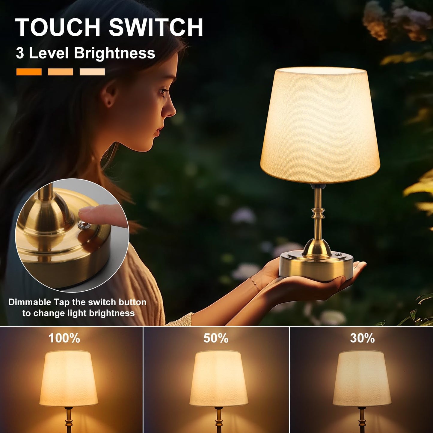 Rechargeable Cordless Touch Table Lamp - 5000mAh Battery, 3-Level Dimmable, Portable Brass Night Light for Home & Patio