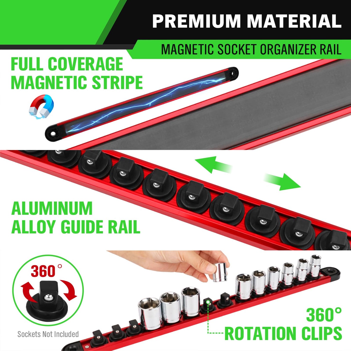 3/8-Inch Magnetic Socket Organizer Rail, Aluminum Alloy Socket Rail, Heavy Duty Sockets Holder with 14 Clips, 360° Swivel Clip Tool Tray, Sockets Organizer for Tool Box Drawer (Red)