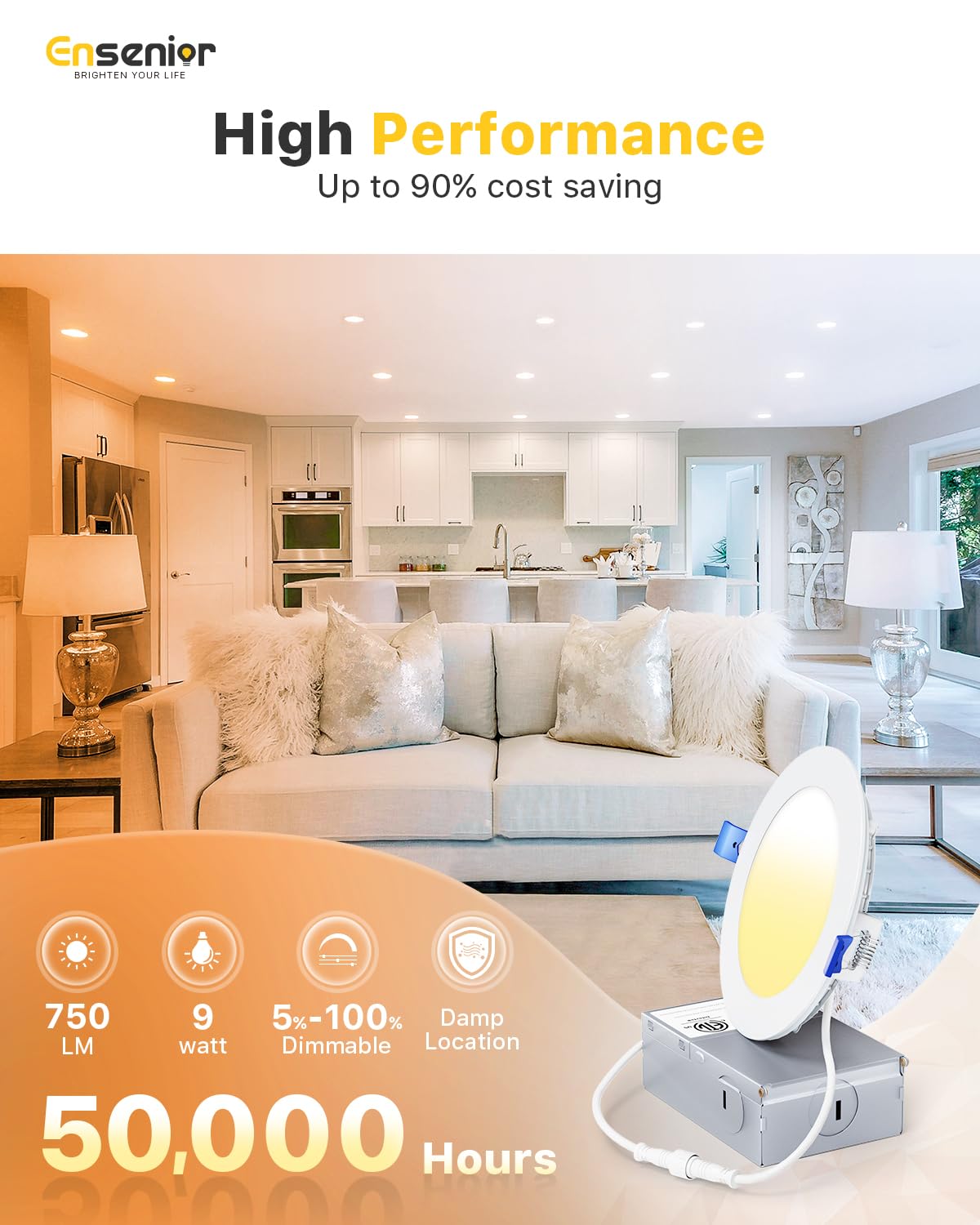 Ensenior 12 Pack 4 Inch LED Recessed Light, Dimmable, 2700K Soft White, 750LM High Brightness, 9W 120V, 2 Pin, ERL-9X-ETL, Damp Rated, Ultra-Thin Canless Wafer Ceiling Light - ETL & FCC & IC