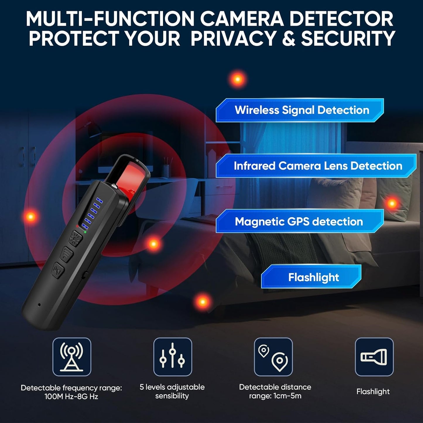 AI Bug Detector & Hidden Camera Finder - Rechargeable RF WiFi Signal Scanner for Travel, Office & Home