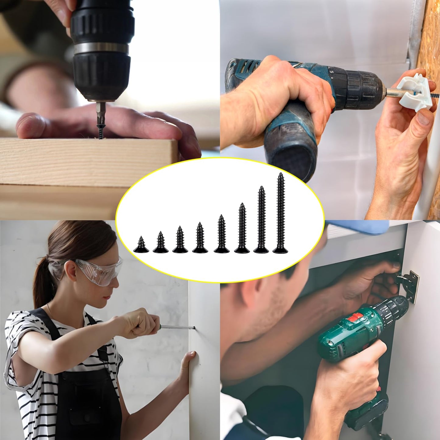 #4 Wood Screws Assortment Kit, Small Screws Set 500pcs, Short Cabinet Screw, Phillips Flat Head Self-Tapping Screw, Black Screws, Carbon Steel, Contains 50pcs M6 Screw Anchors