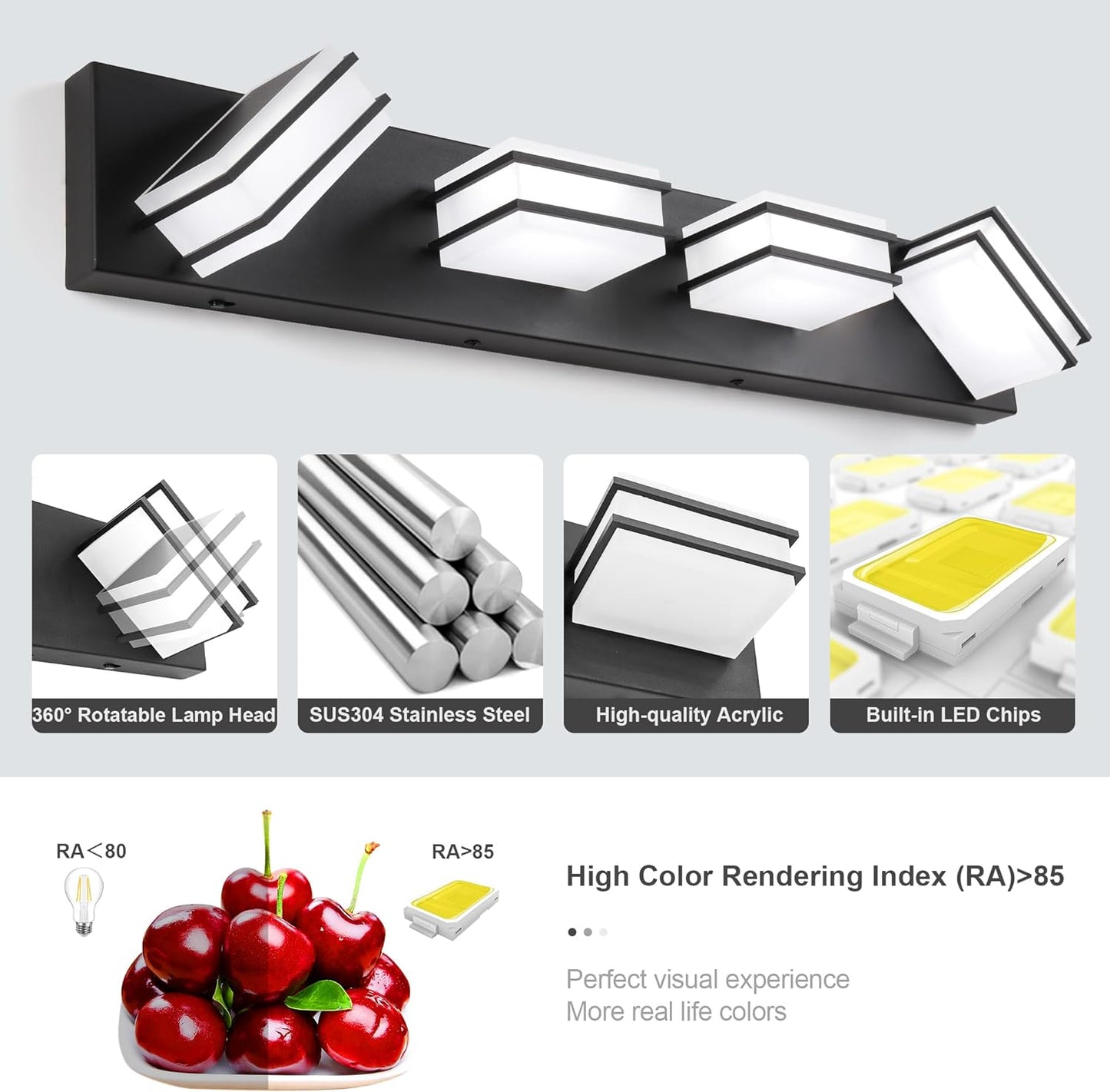LED Chrome 3-Light Dimmable Bathroom Vanity Light Fixture - Modern Acrylic & Stainless Steel Over Mirror Lighting