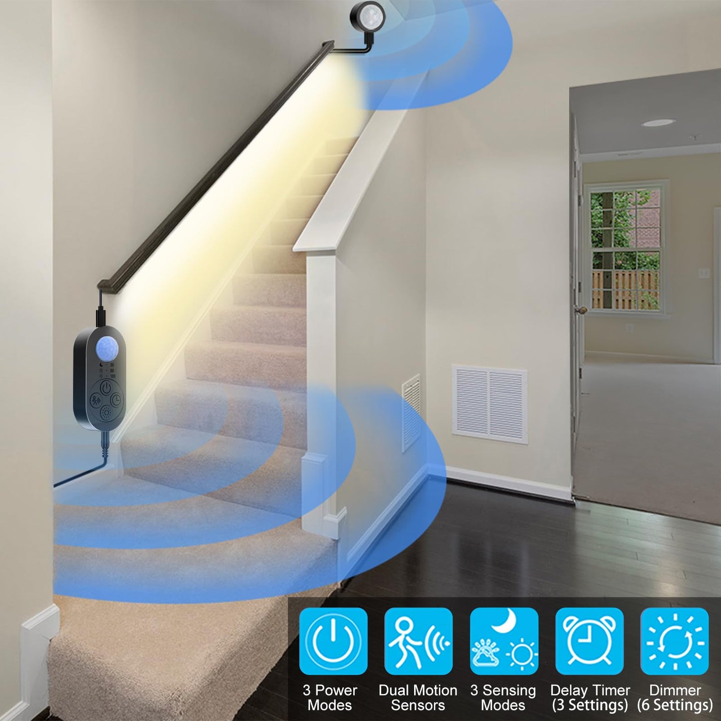 NIVOTA Dual Motion Sensor Light Indoor - 8pcs AA Battery Powered Motion Activated Step Light Strip with Double Motion Sensors, Dimmer, and Timer for Stairway, Bedroom, Corridor