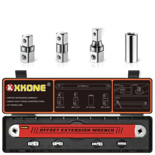 XKONE Offset Extension Wrench Set,15.4" Wrench with 1/4",3/8",1/2" Square Drive Adapters and 1/4" Socket forTight Spaces.