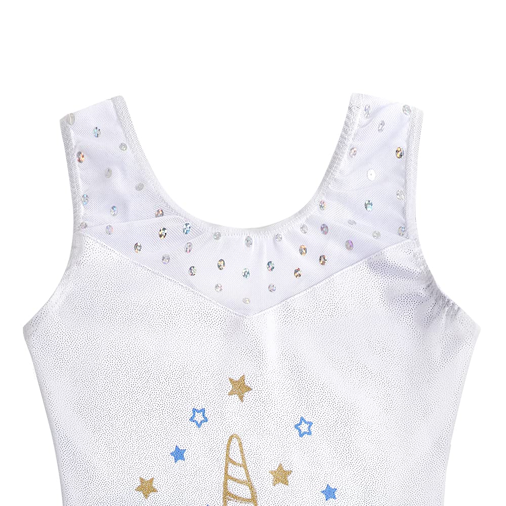 Belovance Leotards for Girls Gymnastics Unicorn Athletic Dance Wear Shiny Rainbow Blue Hotpink (White Blue, 9-10 Years)