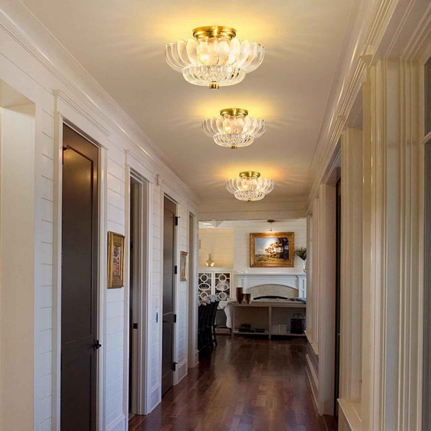 Modern Semi Flush Mount Ceiling Light Fixture with Brown Glass & Black Base - Ideal for Living Room, Kitchen, Bedroom, Hallway (Bulb Not Included)