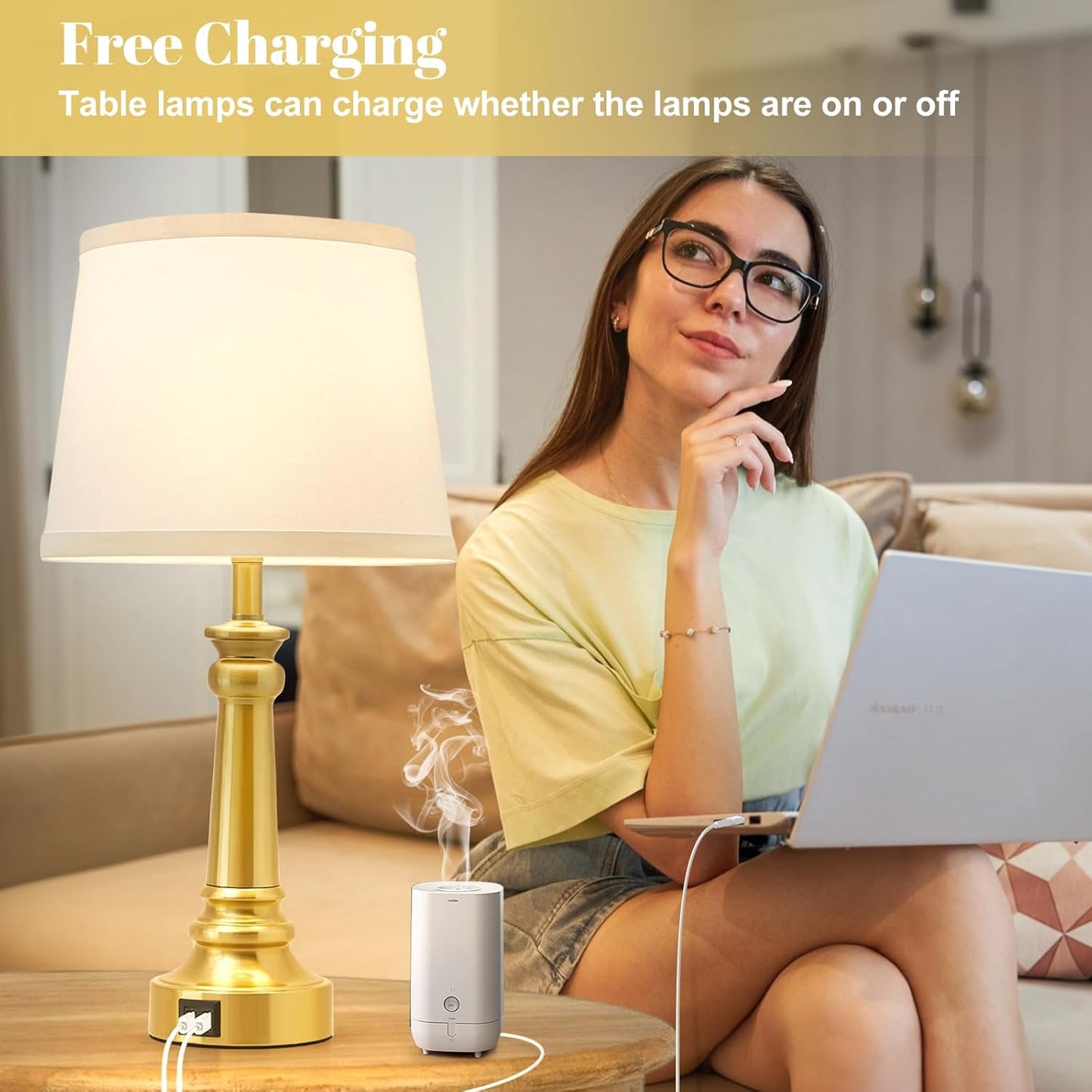 Touch Bedside Table Lamps Set of 2 with USB C+A Ports - 3-Way Dimmable Linen Shade