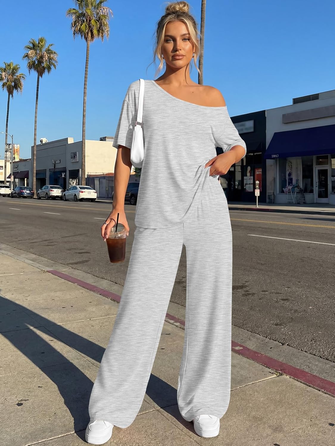 Trendy Queen Women's 2-Piece Lounge Set - Off Shoulder Oversized T-Shirt & Wide Leg Pants | Casual Travel Outfit