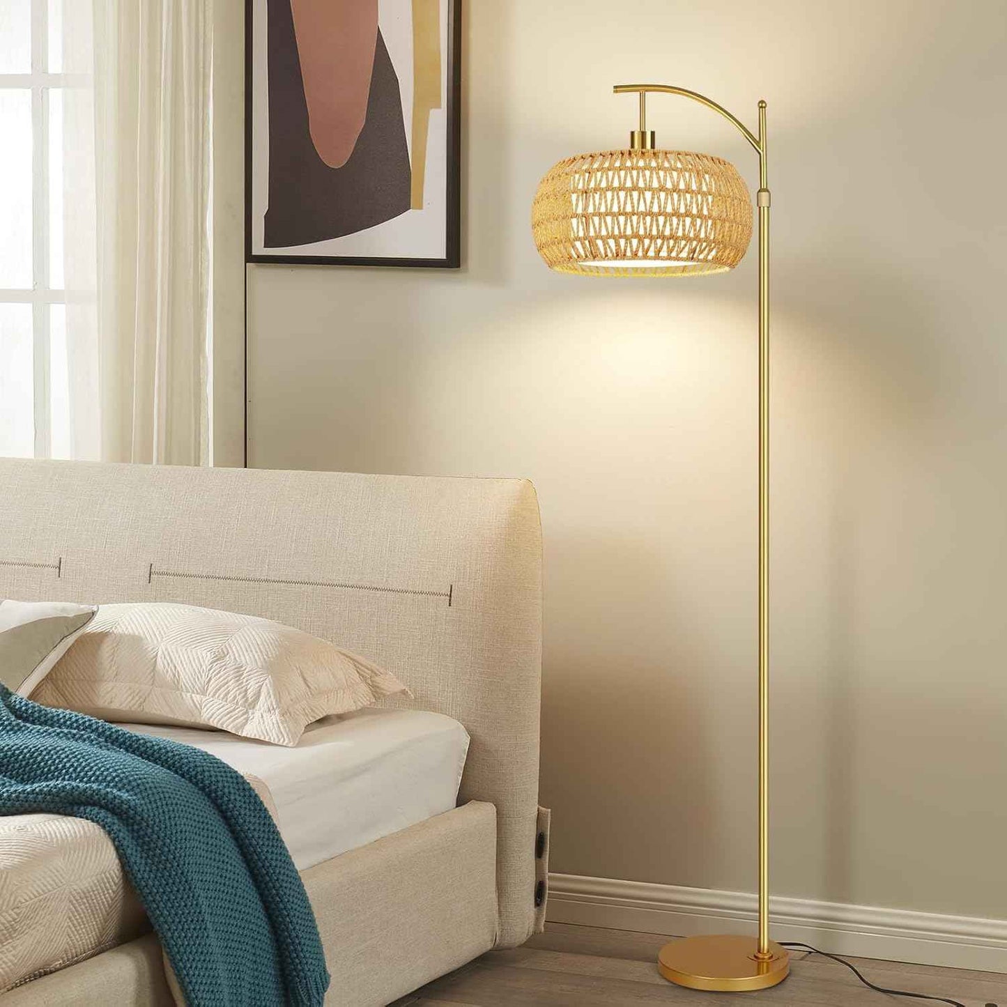 Boho Gold Floor Lamp with Remote Control | Dimmable Rattan & Wicker Design for Living Room