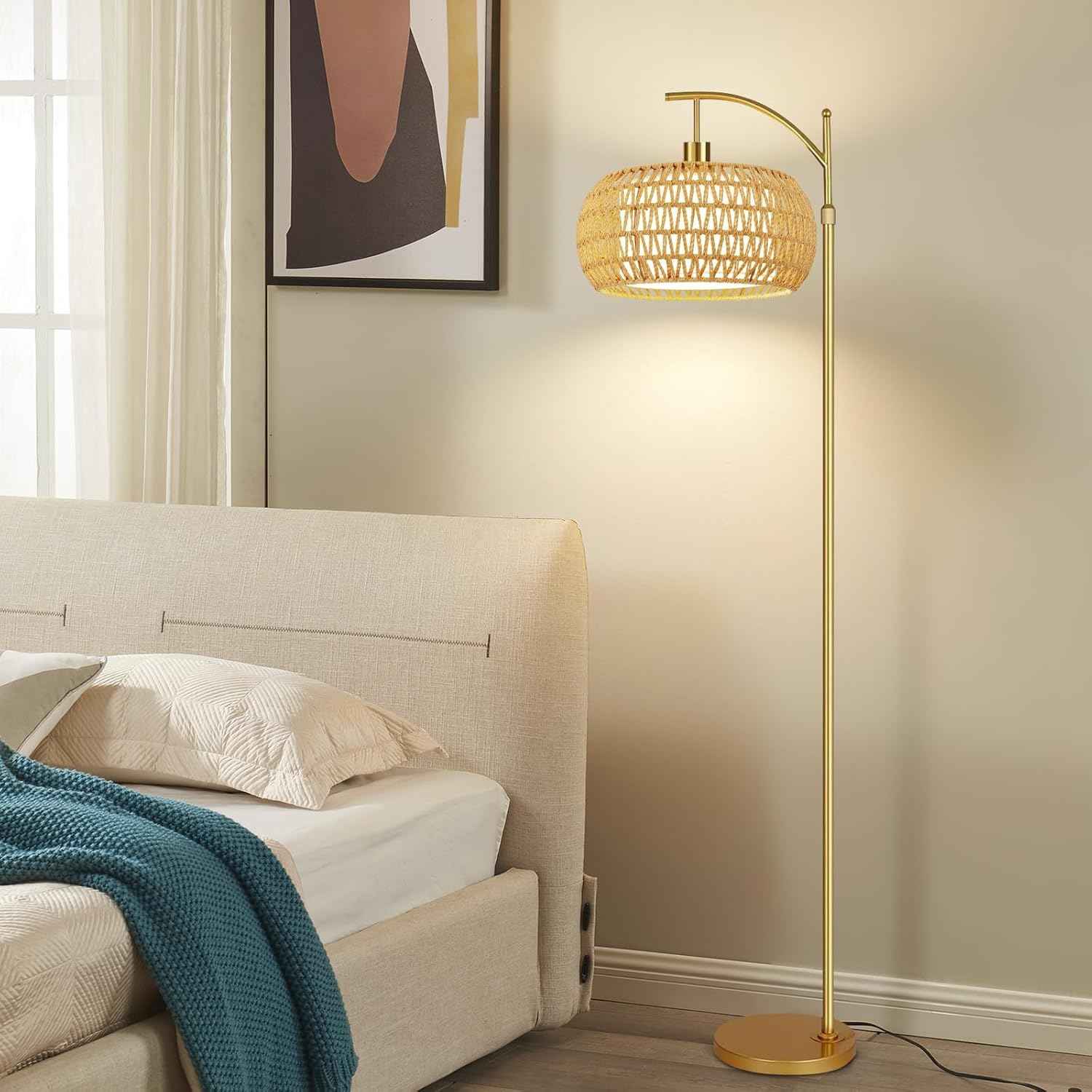 Boho Gold Floor Lamp with Remote Control | Dimmable Rattan & Wicker Design for Living Room