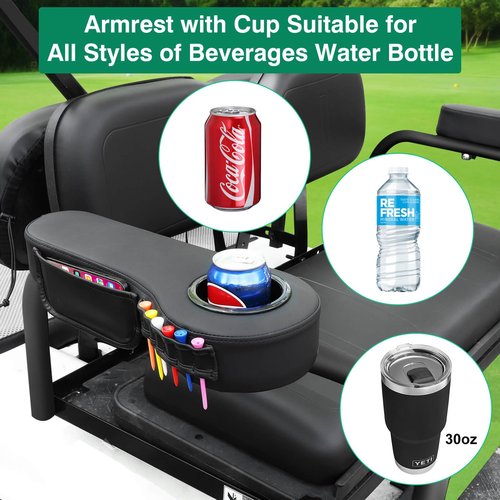LEAPGOMAX No Drilling Golf Cart Armrest with Cup Holder Phone Bag and Golf Tees Holder for Yamaha EZGO Club Car ICON i40 i40L i40FL i40F i60 i60L i60F i80/Advanced EV Golf Carts Black