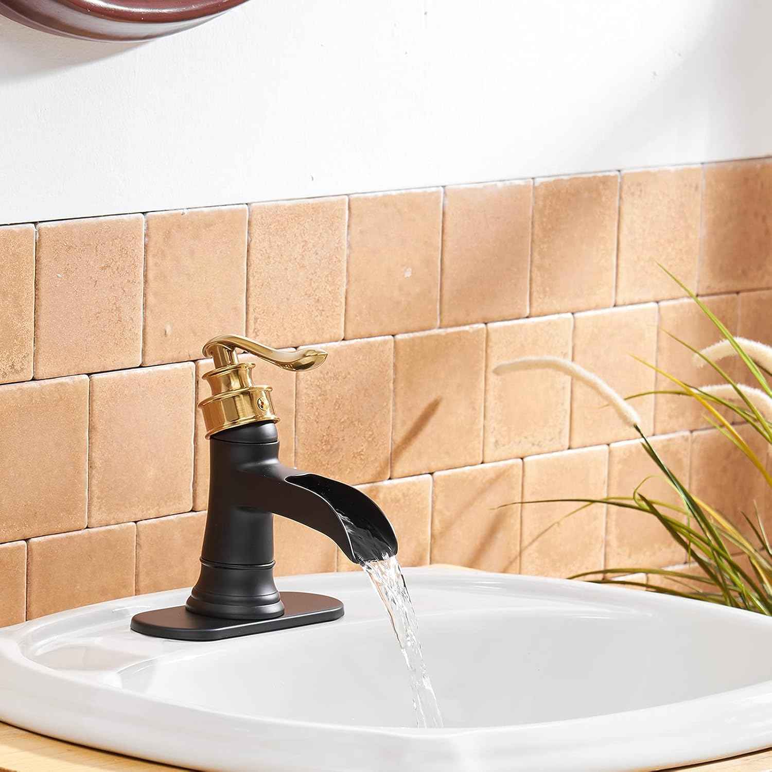 Matte Black Waterfall Bathroom Faucet - Single Handle Lavatory Sink Mixer with Brass Drain