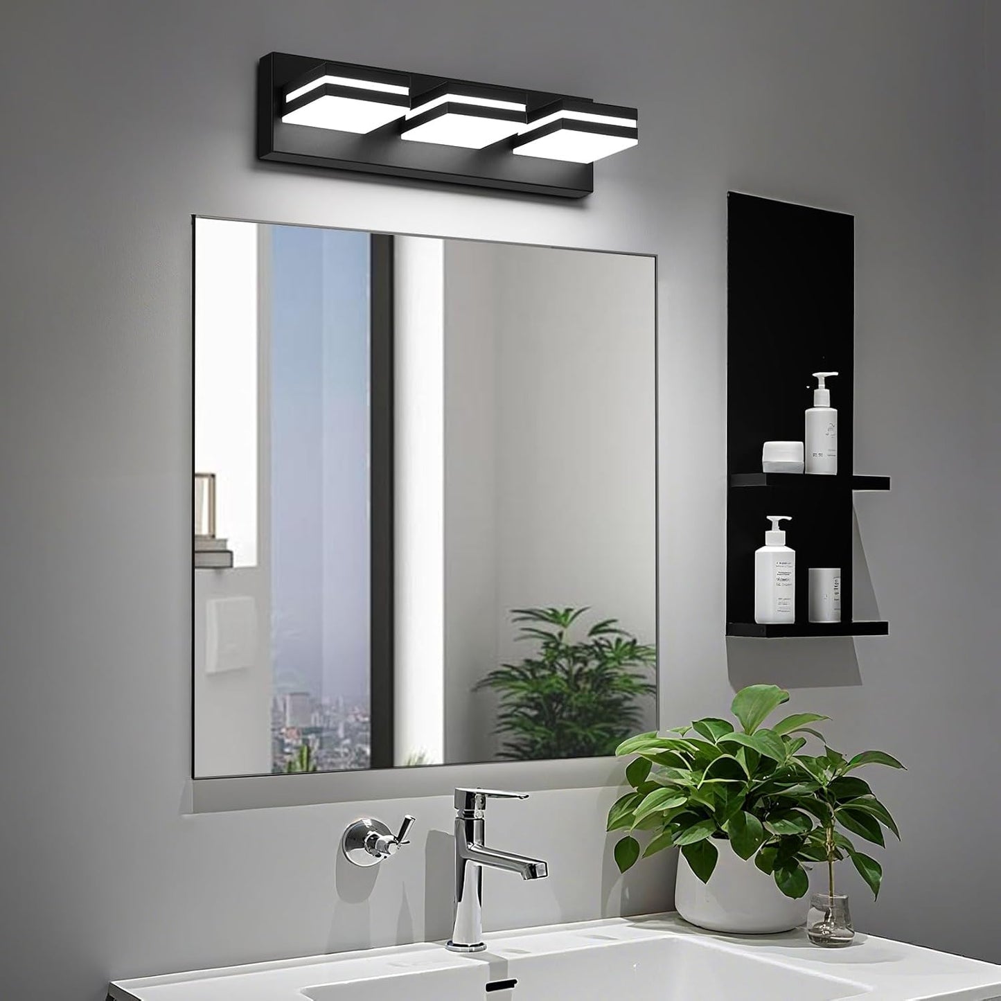 3-Light Modern LED Bathroom Vanity Light Fixture - Black Metal & Acrylic, 16-inch Over Mirror Lighting