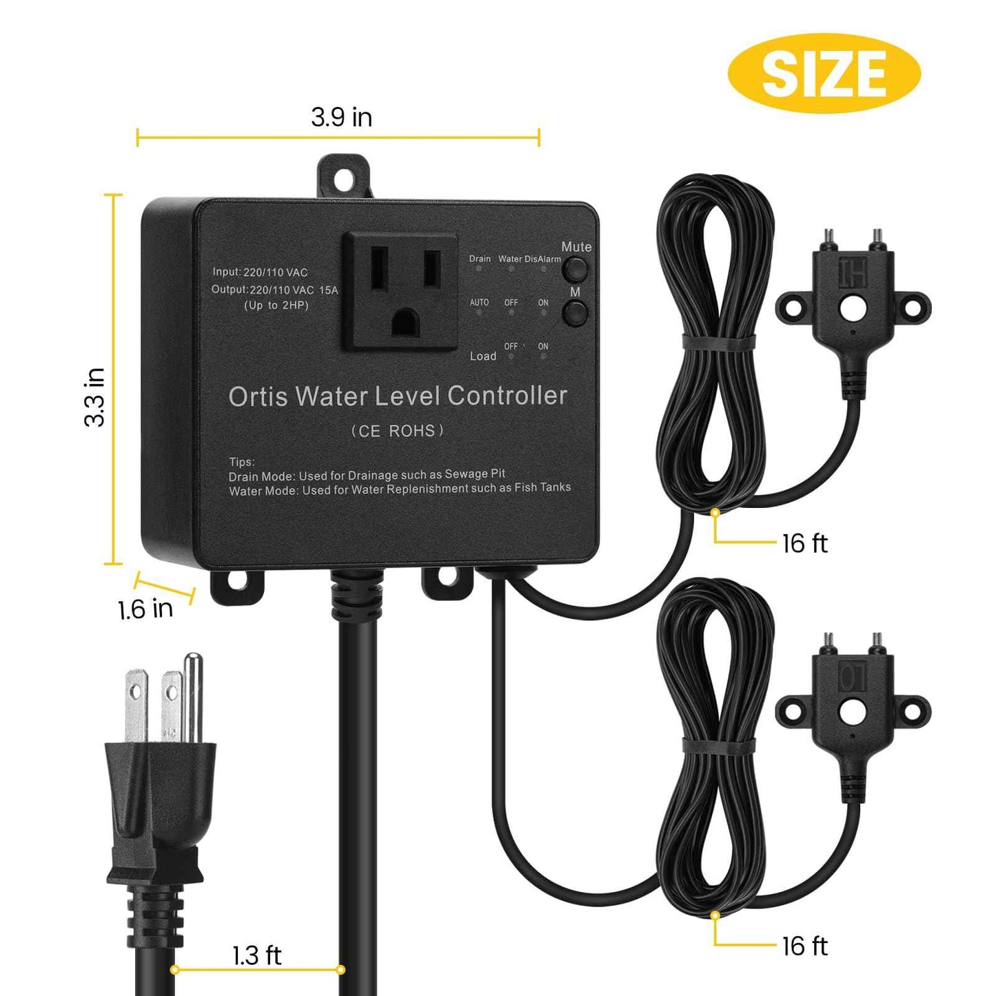 Hi-Lo Sump Pump Switch, Ortis Electronic Adjustable Float Switch Controller with Dual Sensors, LED Indicators, Corrosion-Resistant, 110/220V for Water Tanks Sewage Pits, Black