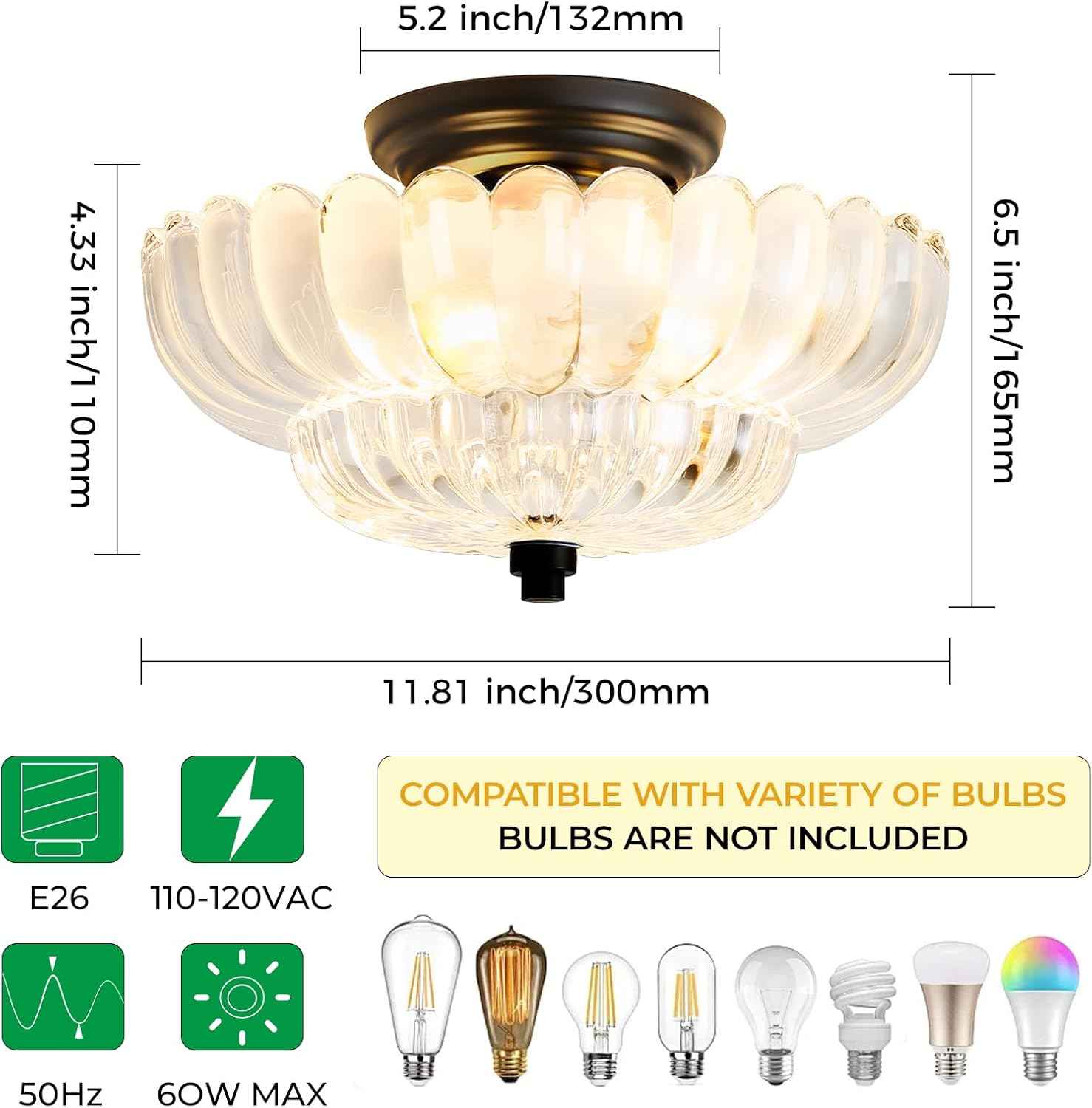 Modern Semi Flush Mount Ceiling Light Fixture with Brown Glass & Black Base - Ideal for Living Room, Kitchen, Bedroom, Hallway (Bulb Not Included)