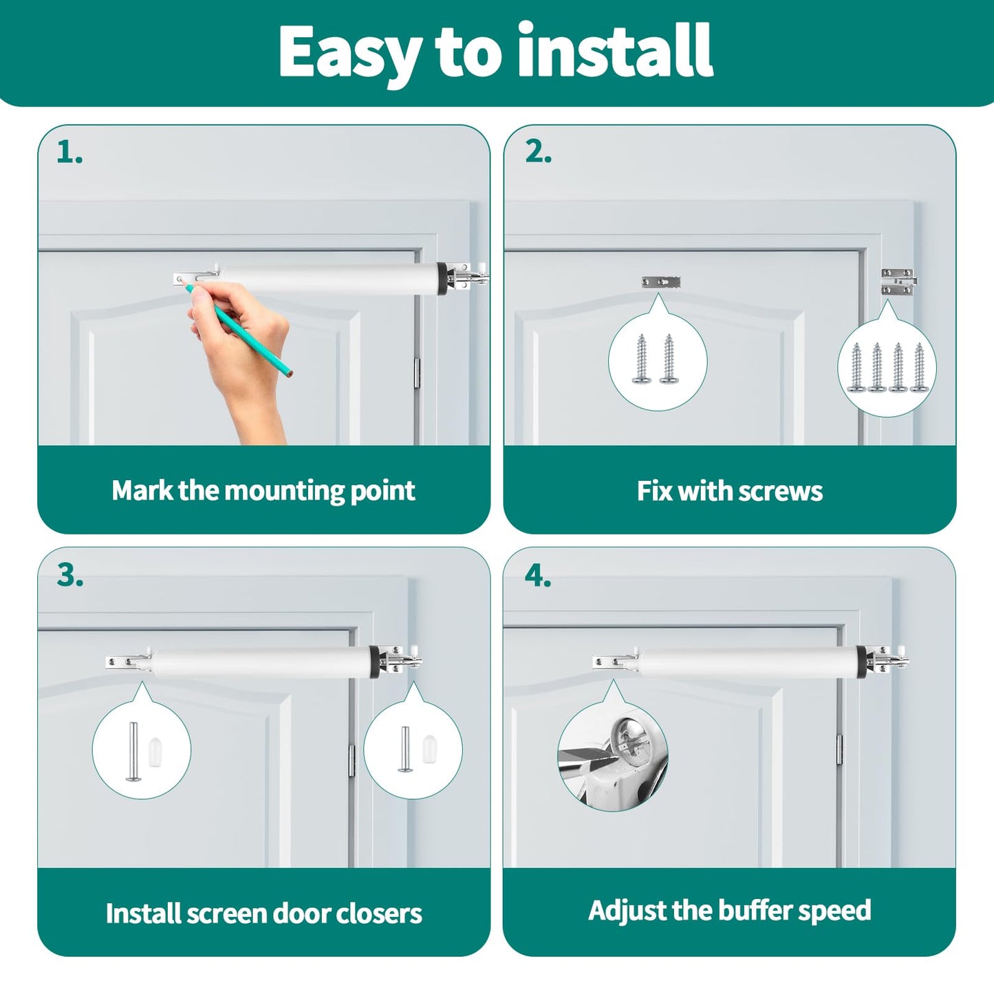 Screen and Storm Door Closer Kit, Heavy Duty Pneumatic Screen and Storm Door Closer, Screen and Storm Door Push Button Latch Set Replacement Kit, Adjust Smooth Closing Speed (White)