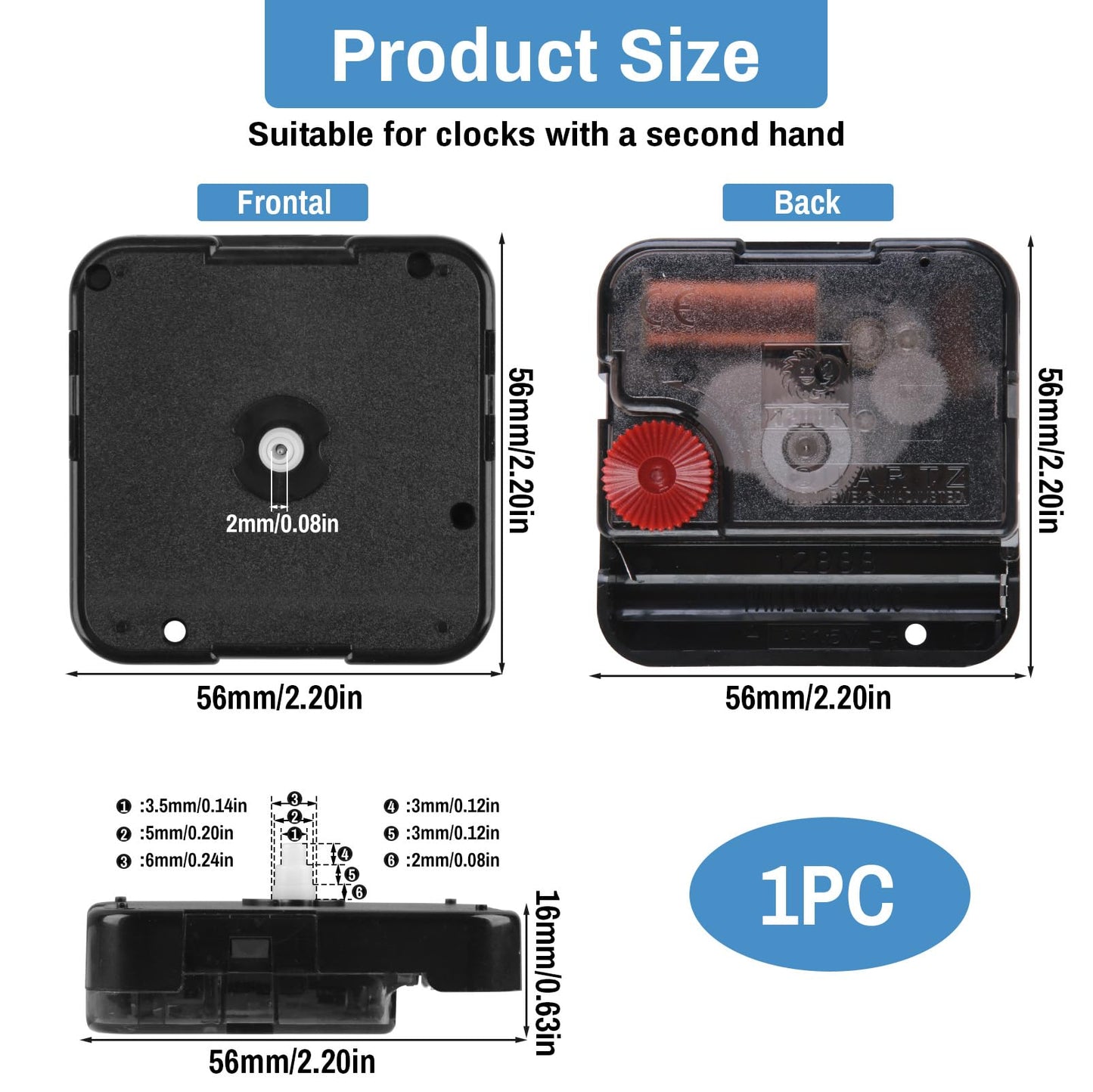 Quartz Clock 12888 Movement Replacement Set, Battery Operated Axis Shaft High Torque Clock Parts Suitable with Thread and Seconds Hand Motor Repair Parts and DIY (Shaft 8mm - No Thread)