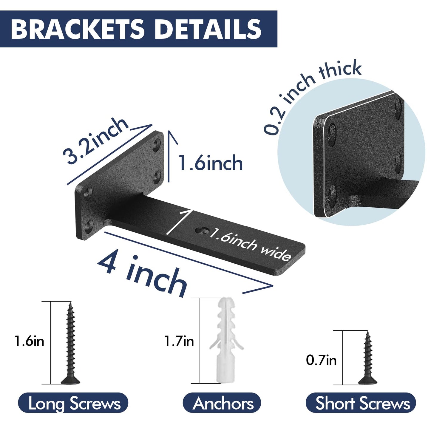 Starunder 6 Pack Floating Shelf Brackets, 4 Inch Heavy Duty Industrial Shelf Bracket, Black Metal L Brackets for Shelves Support DIY(1/5 Inch Thicked)