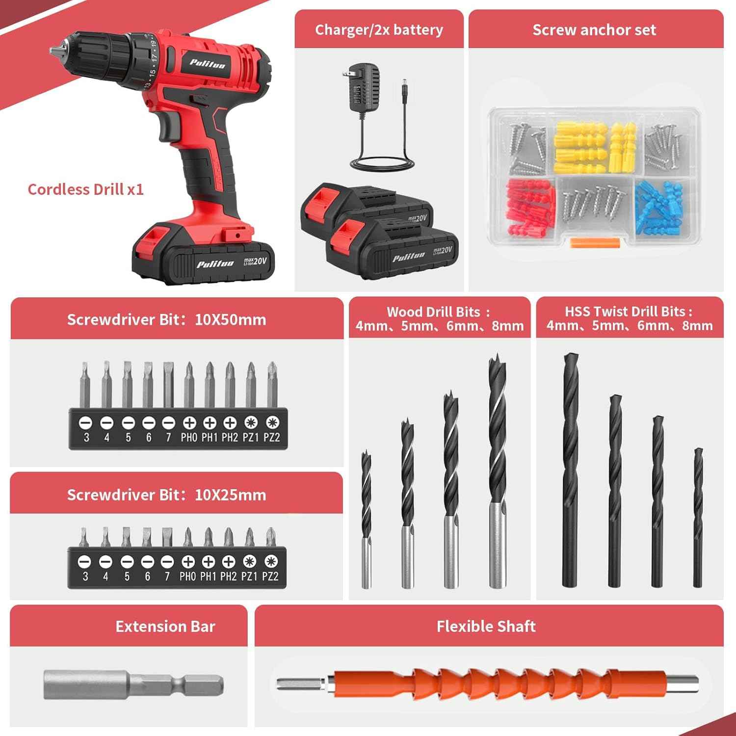 PULITUO'S 20V Cordless Drill/Driver, Electric Screwdriver - 2 Batteries, 30Nm, 21+1 Torque, 2 Speed, Keyless 3/8" Chase Drill with LED Light, Kit for Home (Green)