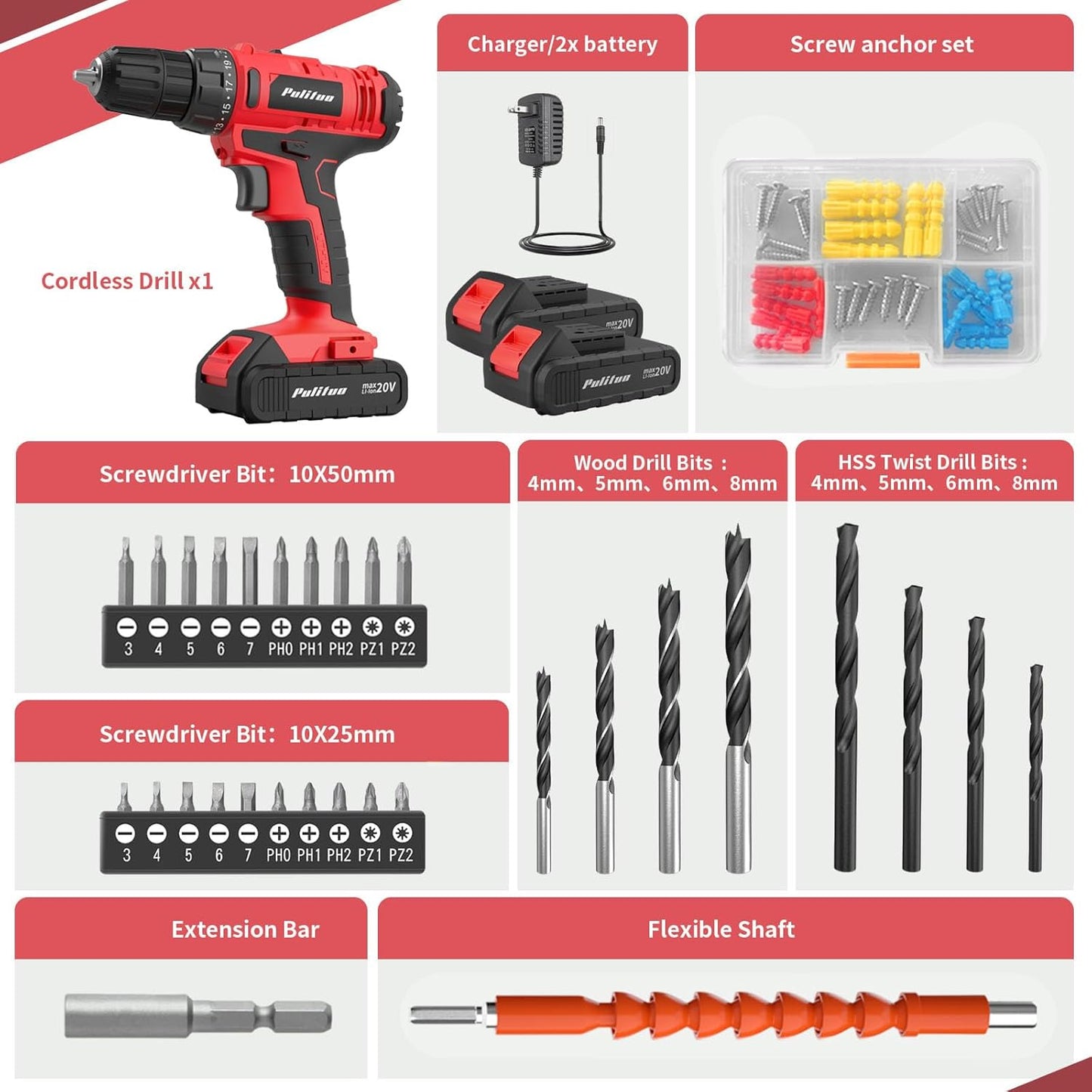 20V Cordless Drill/Driver Kit with 2 Batteries, 30Nm Torque & LED Light - PULITUO