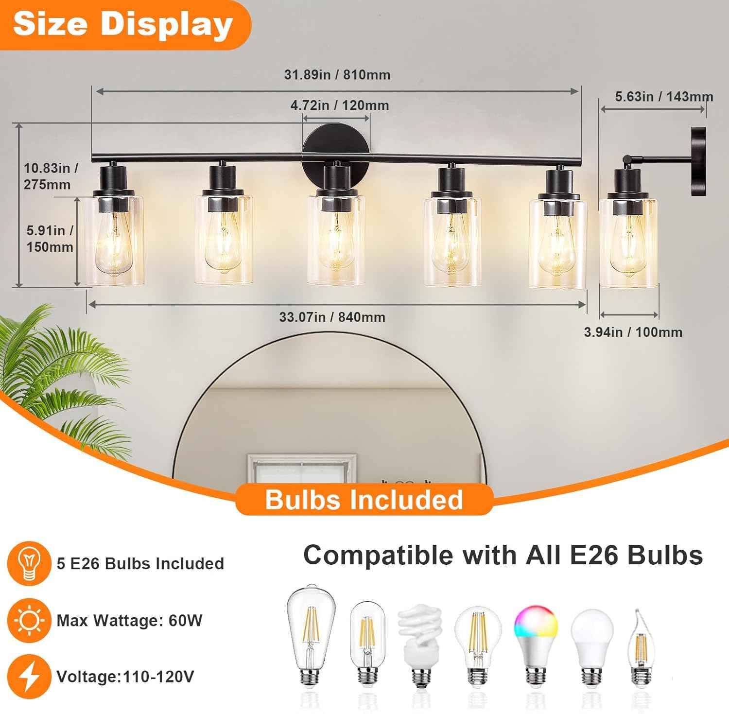 Modern Black 3-Light Bathroom Vanity Light Fixtures with Clear Glass Shades - 2 Pack