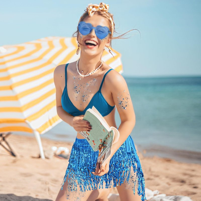 Womens Sequin Tassel Skirt Belly Dance Hip Scarf Sparkly Fringe Skirt Set with Heart Sunglasses and Face Glitter for Festival Rave Party Blue(3Pcs)