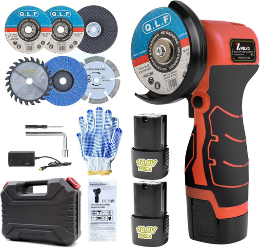 Mini Cordless Angle Grinder Kit - 19500 RPM Electric Tool with 2 Batteries & 5 Cutting Discs for Metal & Wood