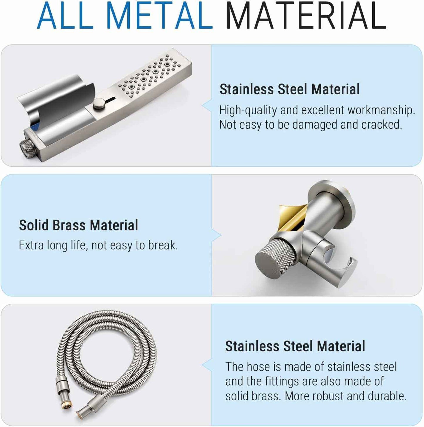 All Metal Handheld Shower Set with 3-Function Wand & 70-Inch Stainless Steel Hose