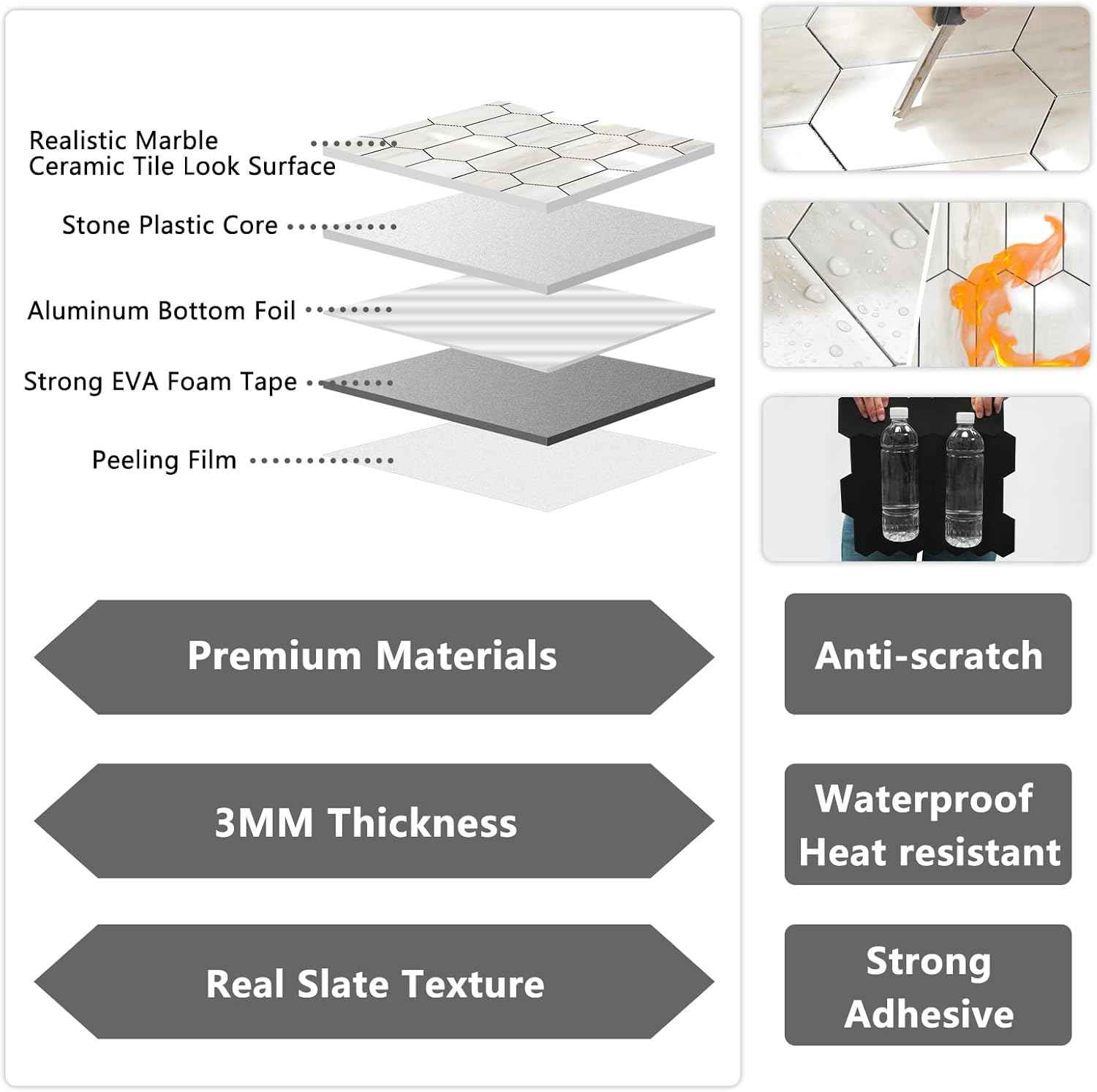 Glossy Wood Grain Peel and Stick Backsplash Tile - 10 Sheets Hexagon Mosaic for Kitchen & Bathroom, 12.4 x 12 Inch