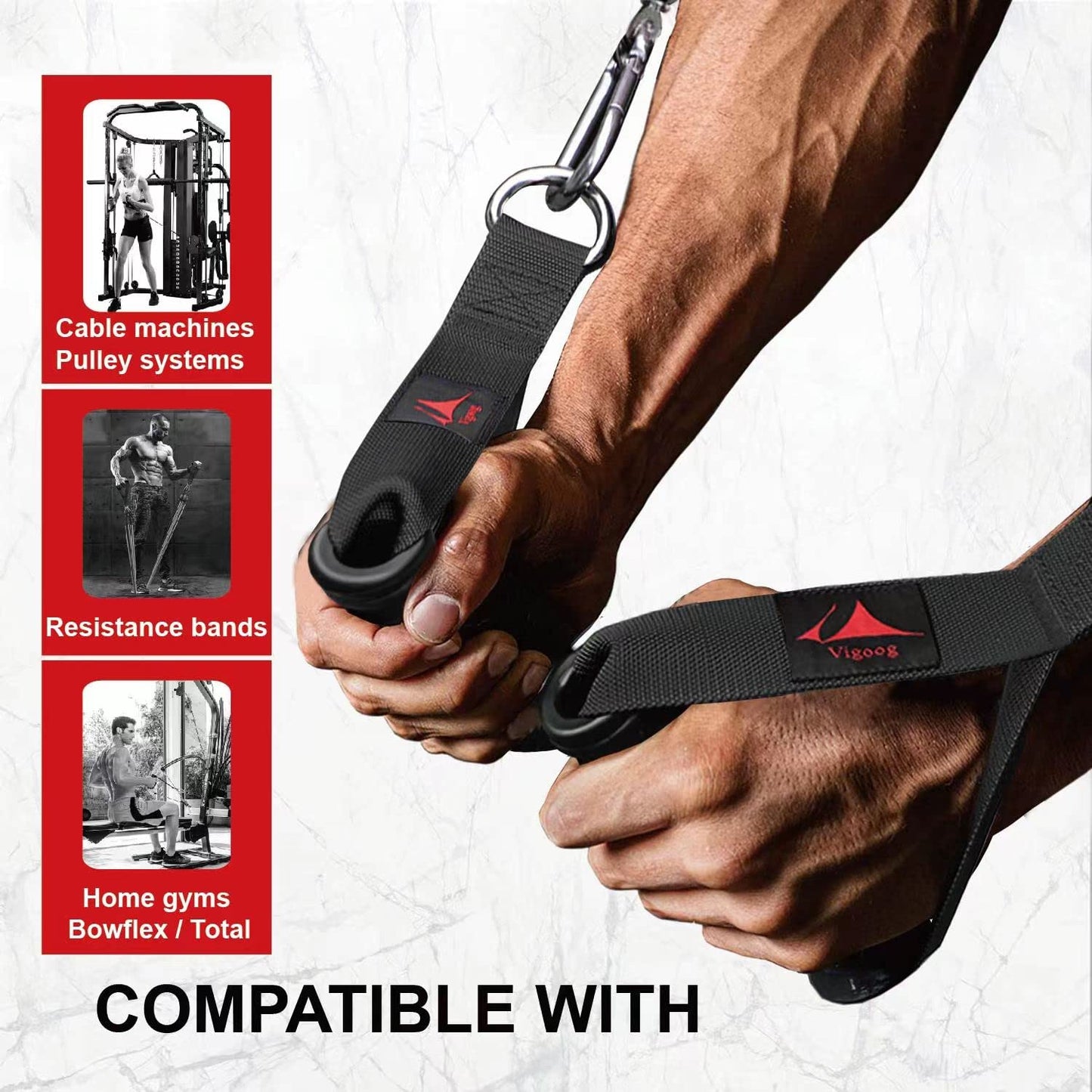 Vigoog Heavy Duty Gym Exercise Handles Attachment for Cable Machine,Resistance Band,Pulley System Home Fitness Workout Equipment, with Elastic Rubber Grip and 2 Large Carabiners (Classic Black)
