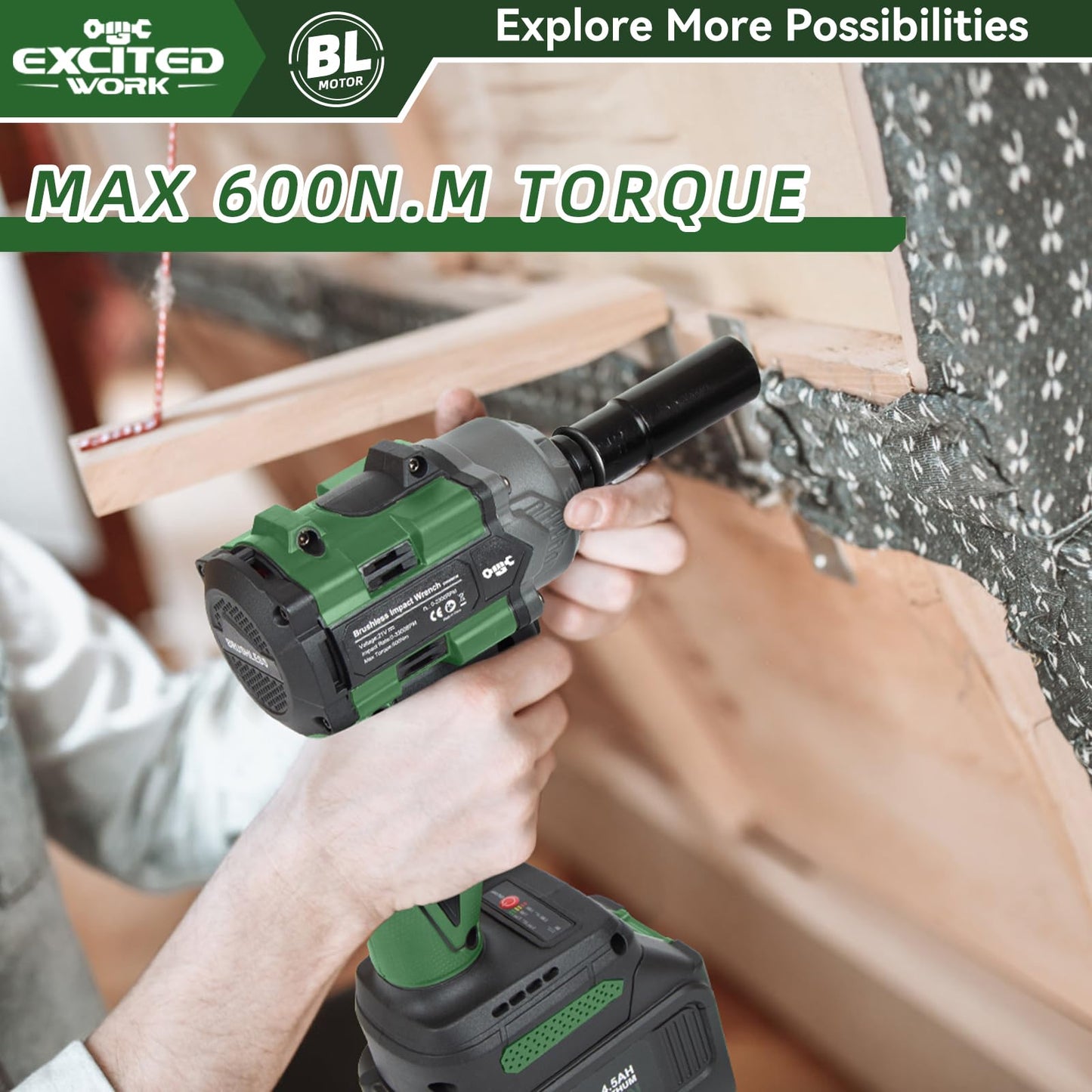 Excited Work 20V Brushless Impact Wrench Kit, 600Nm 1/2 Inch Impact Wrench with 2 x 4.5Ah Battery, 2500RPM High Torque Impact Gun, Fast Charger and Tool Box