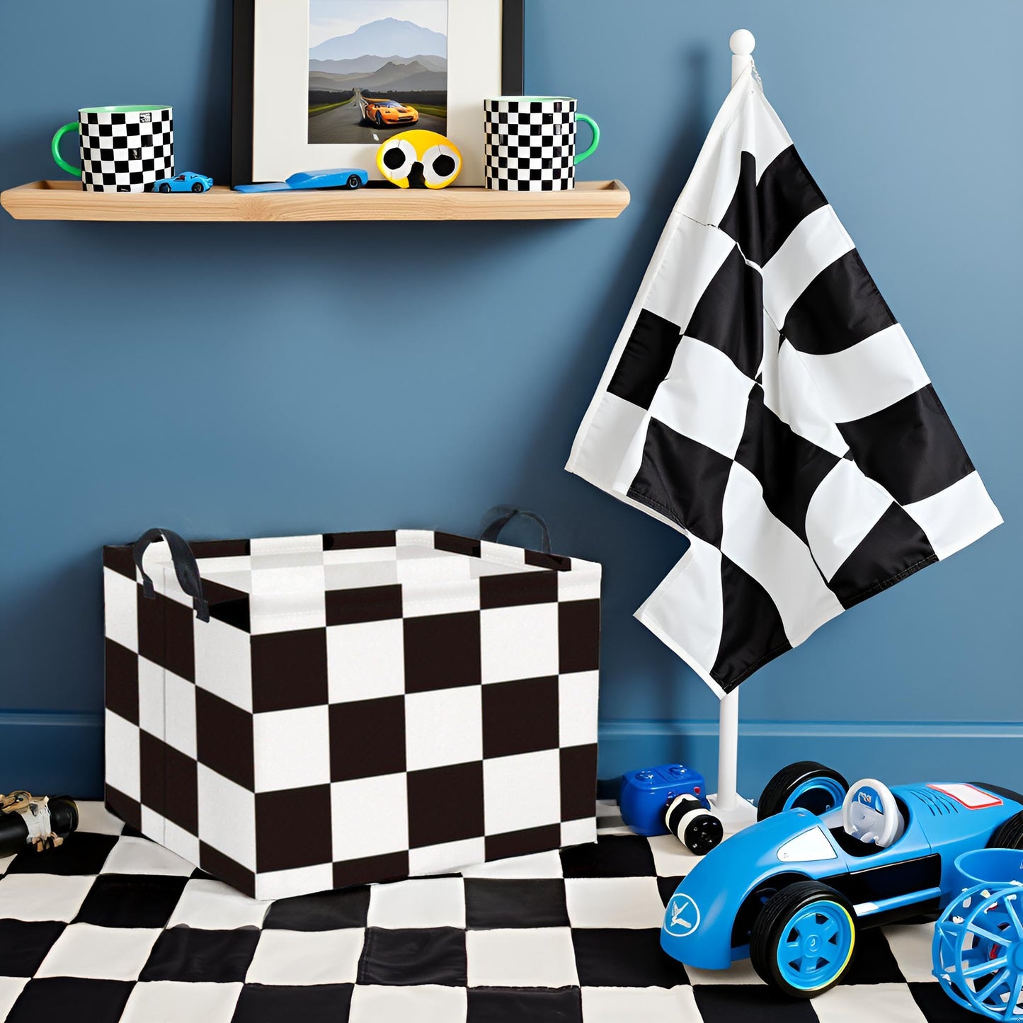 TIBAOLOVER Rectangular Checkered Basket Storage Bin Collapse Storage Basket with Handles for Organizing Home Kitchen Boys and Girls Toys Office Closet Shelf Baskets (Race Flag)