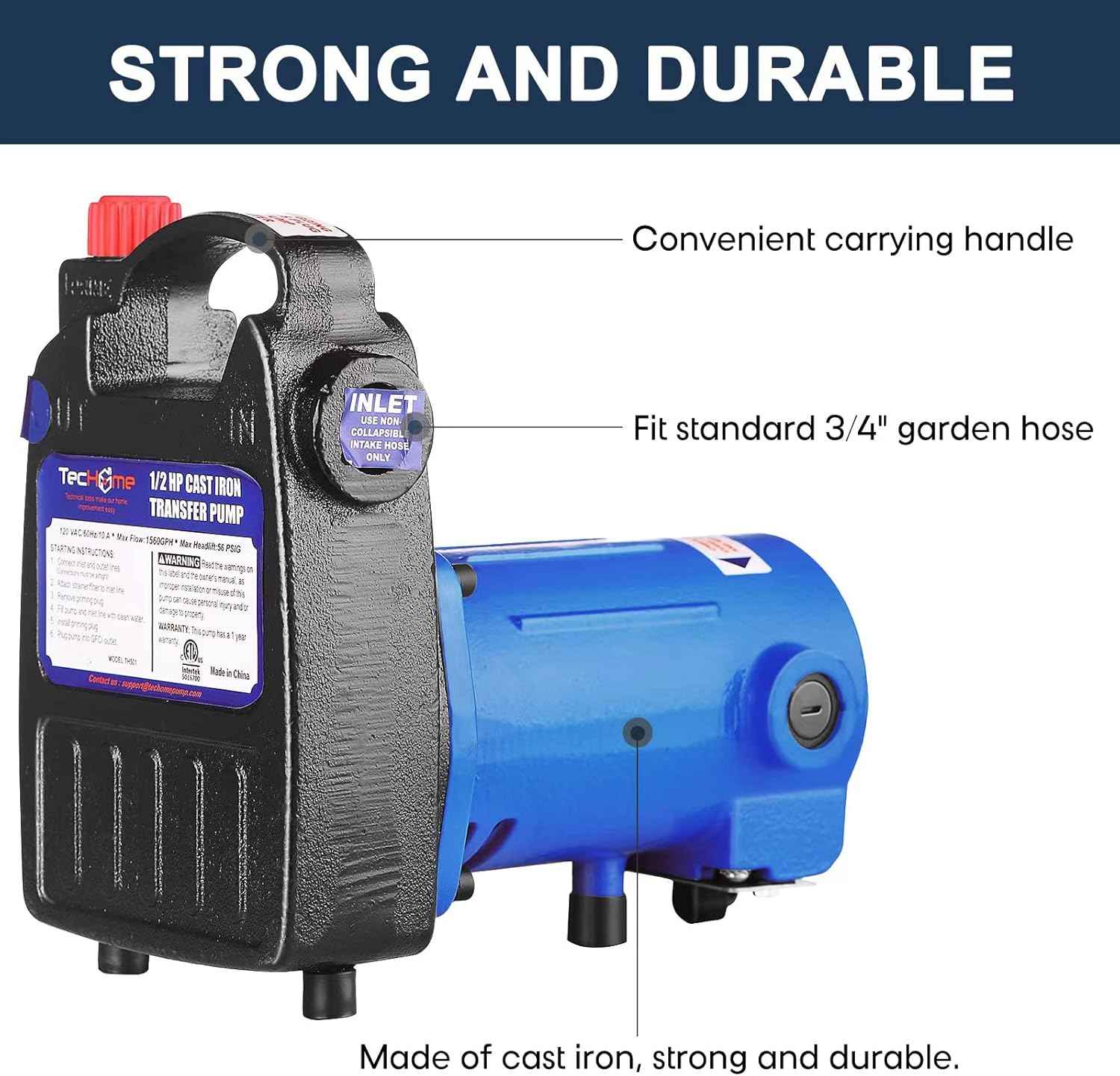 1500GPH Submersible Water Transfer Pump - 12V Sump Pump with 20ft Power Cord