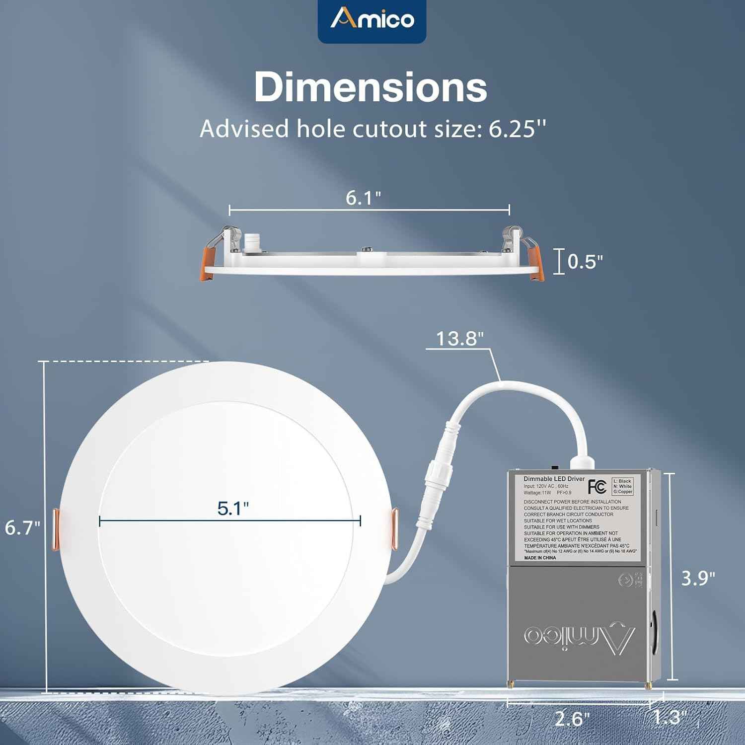 Ultra-Thin 6-Pack 6-Inch LED Recessed Ceiling Lights - Dimmable 5CCT 1100LM Wafer Downlights