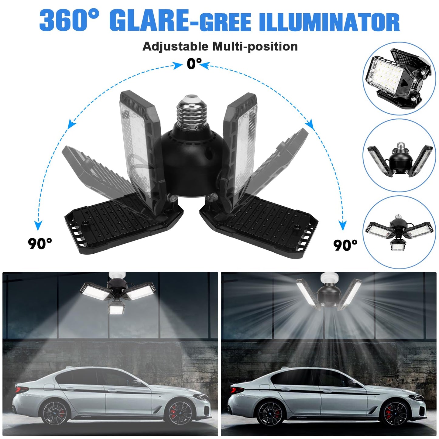 Aoretic LED Garage Lights Bulb 1 Pack -80W, 8000LM 6500K Led Shop Light with 3 Deformable Panels, Basement Barn Light Garage Ceiling Lights, E26/E27 for Garage, Warehouse, Shop, Basement