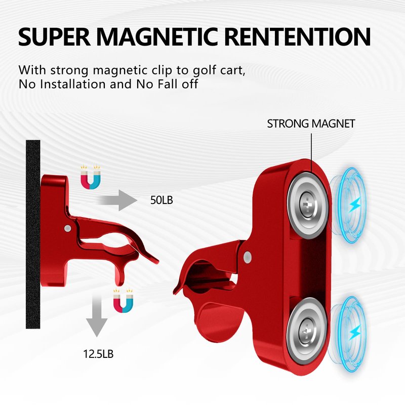 2-Pack Magnetic Golf Holder Clip for Golf Cart with Hook Design, Aluminum Alloy Golf Cart Hold with Secure Grip & Hook & Loop Strap, Golf Cart Accessories, Ideal Golf Gifts for Men - Red