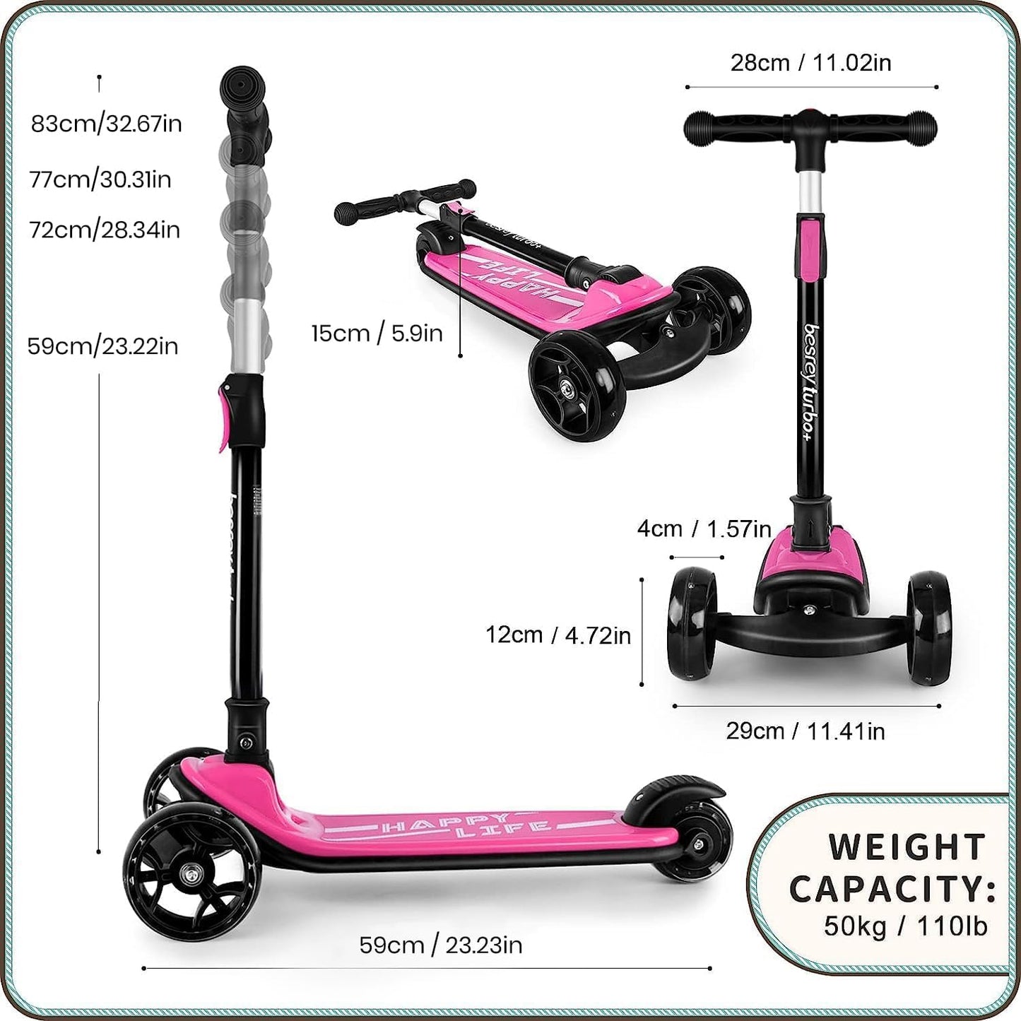Besrey Kick Scooter for Kids - 3-Wheel Folding Design with Adjustable Height & LED Light Wheels | Extra Wide Deck