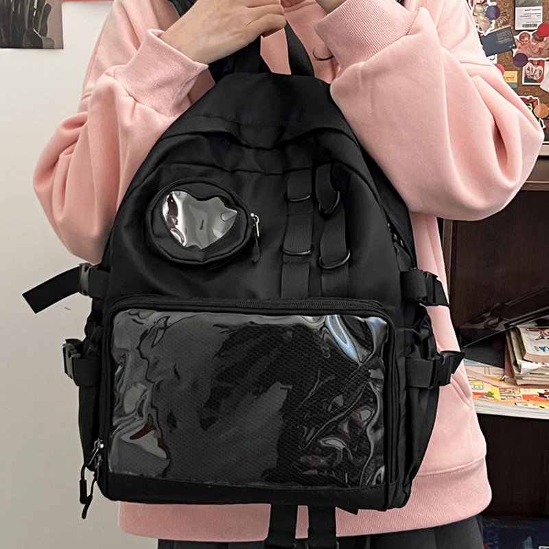 MOVOYEE Backpack for Men Travel Women Work Hiking Casual Daypack Backpacks Teens Girls Boys Kids BookBag,Anti Theft Carry On Clear Backpack,Cute Ita Bag with Pin Display Adjustable Strap Black