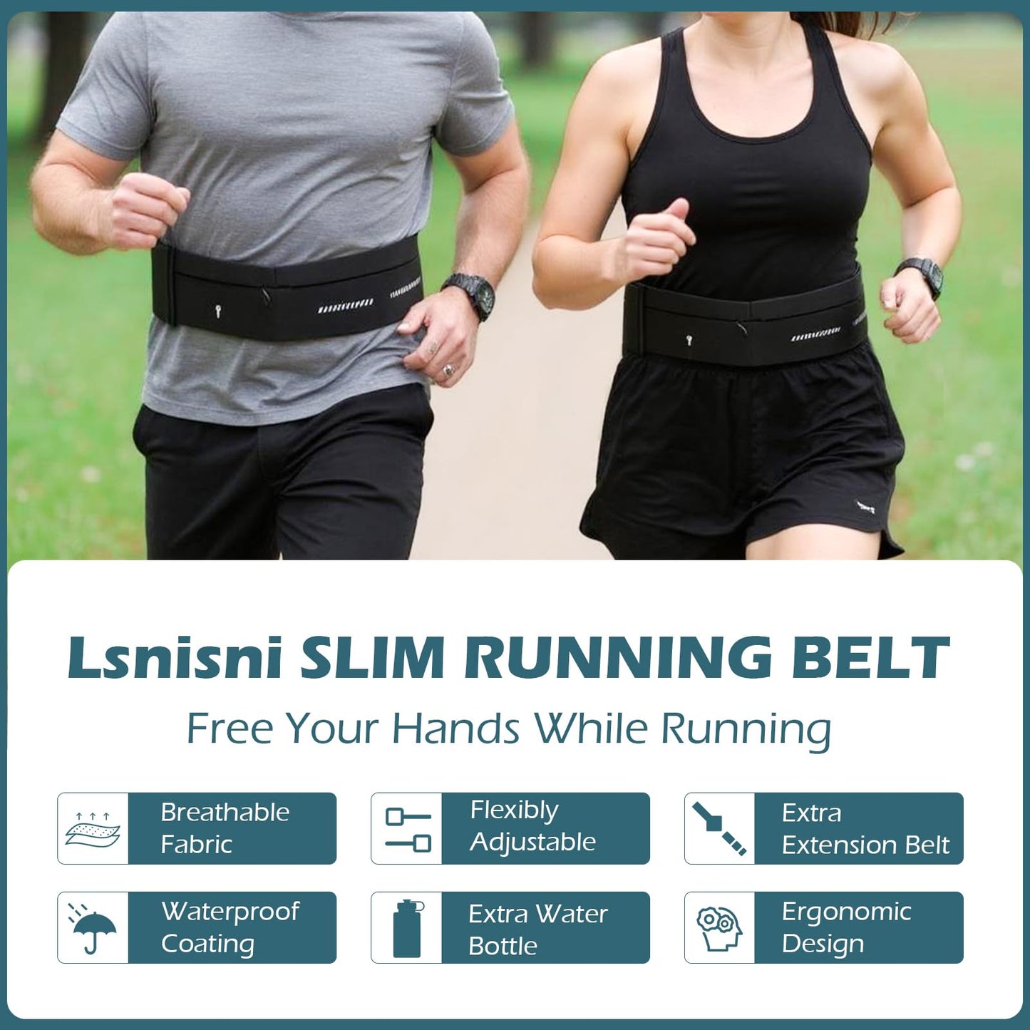 Lsnisni Slim Running Belt for Men and Women, Running Waist Pack with Water Bottle & Towel, Multi Pocket Fanny Pack - Phone Holder, Adjustable for Running, Climbing - Medium