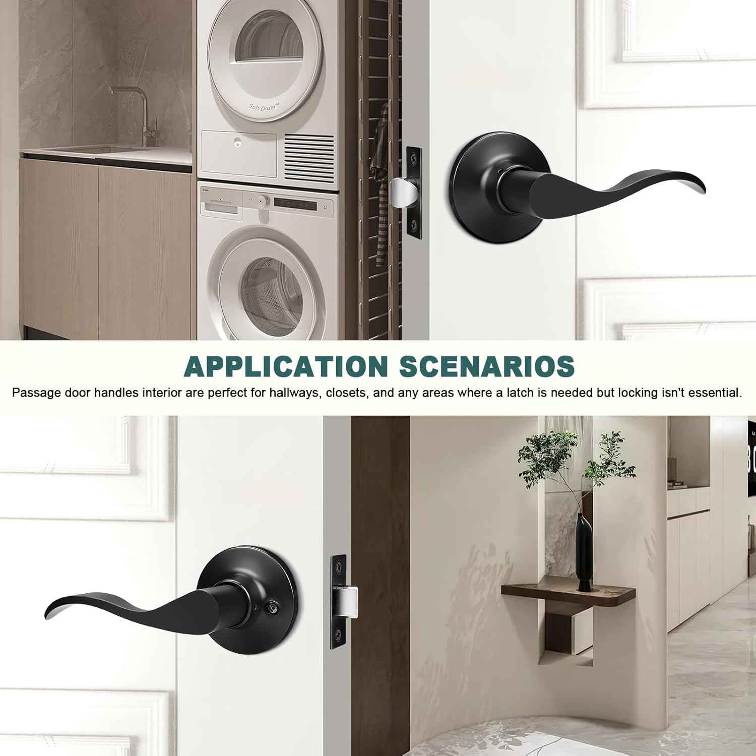 Black Privacy Door Levers - 6 Pack Keyless Modern Wave Handles for Bedrooms