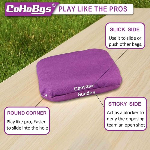 CoHoBgs Cornhole Bags Set of 8 - Professional Dual-Sided Slick & Stick Resin-Filled Suede | Includes Carry Case