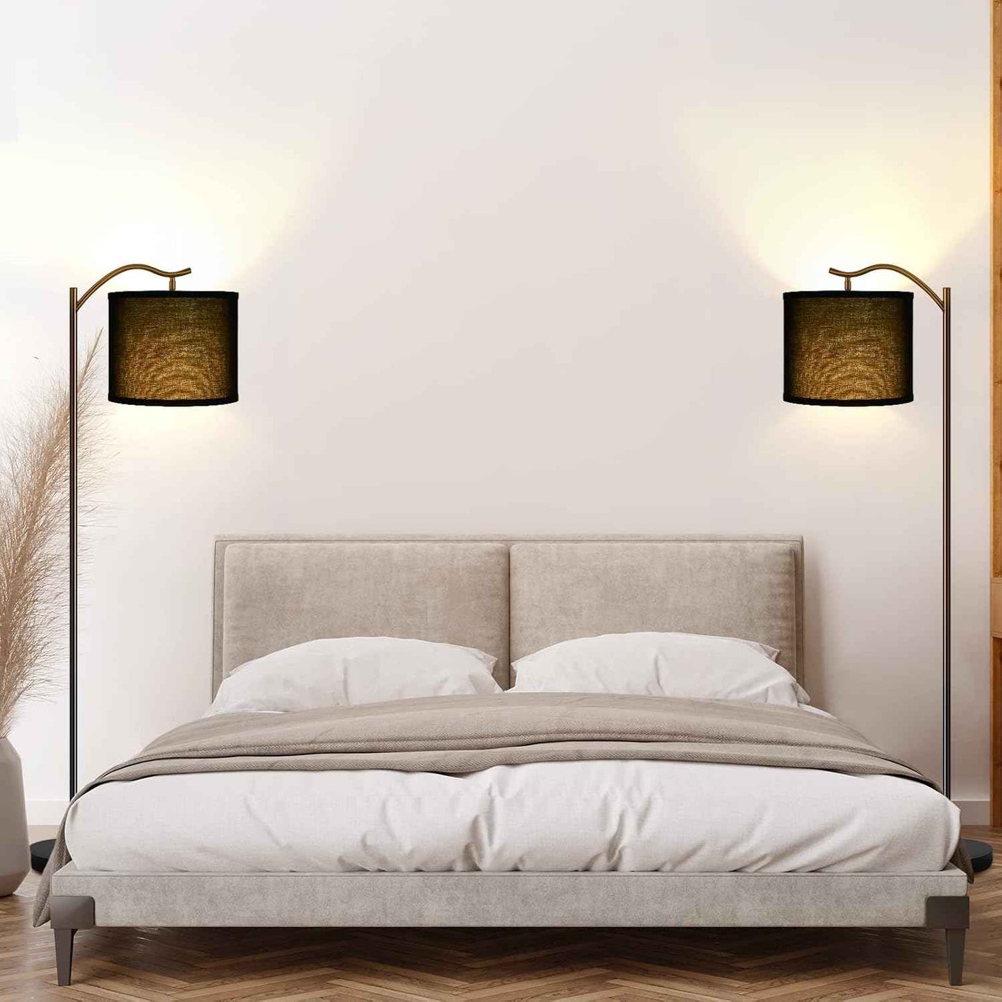 Modern LED Floor Lamp with Bohemian Linen Shade – Arched Tall Standing Light for Living Room & Bedroom