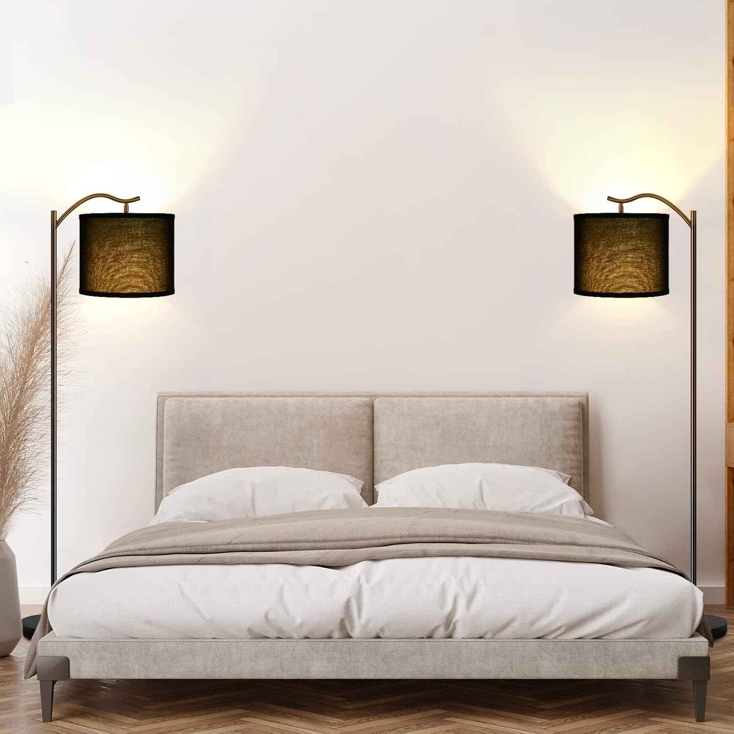 Modern LED Floor Lamp with Bohemian Linen Shade – Arched Tall Standing Light for Living Room & Bedroom