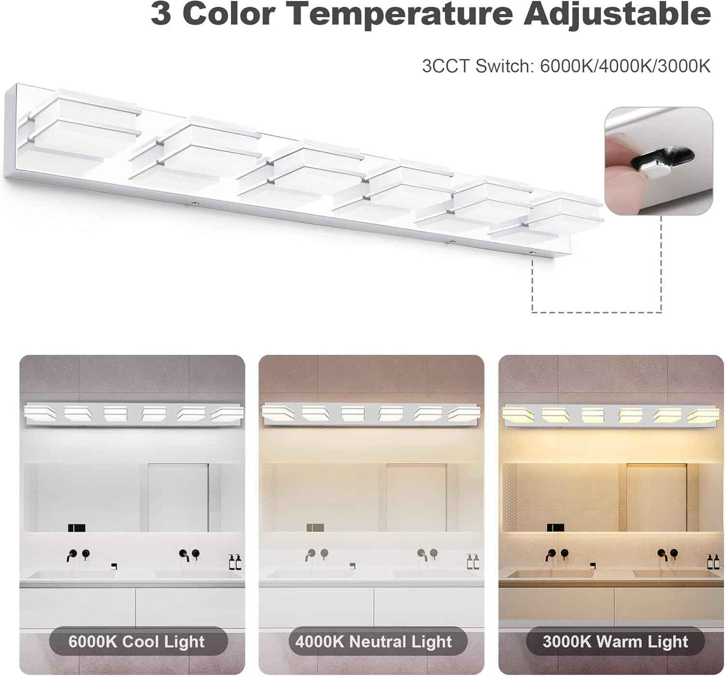 LED Chrome 3-Light Dimmable Bathroom Vanity Light Fixture - Modern Acrylic & Stainless Steel Over Mirror Lighting