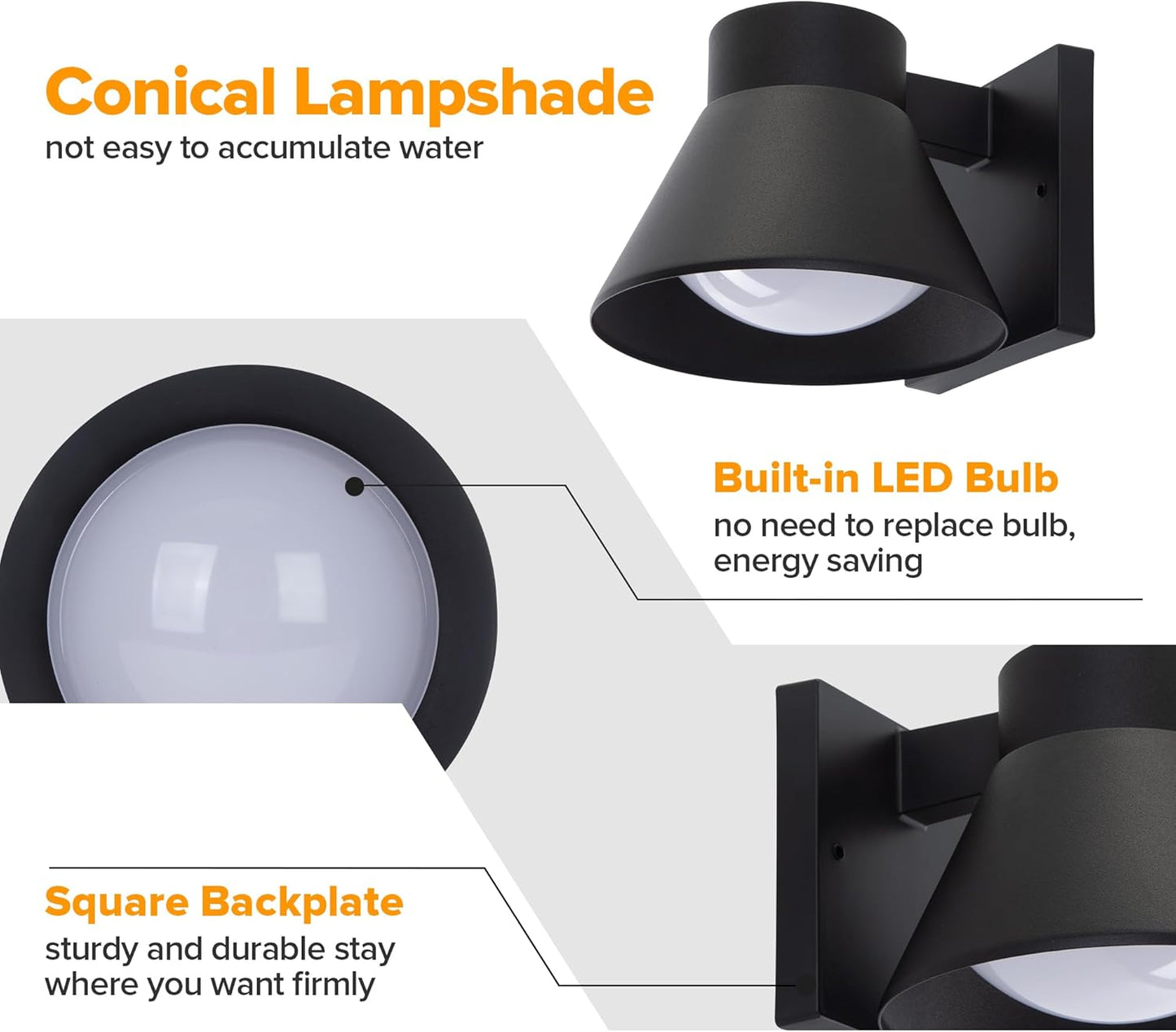 LED Outdoor Wall Lights - 2 Pack Black Waterproof Lanterns for Porch, Patio & Garage